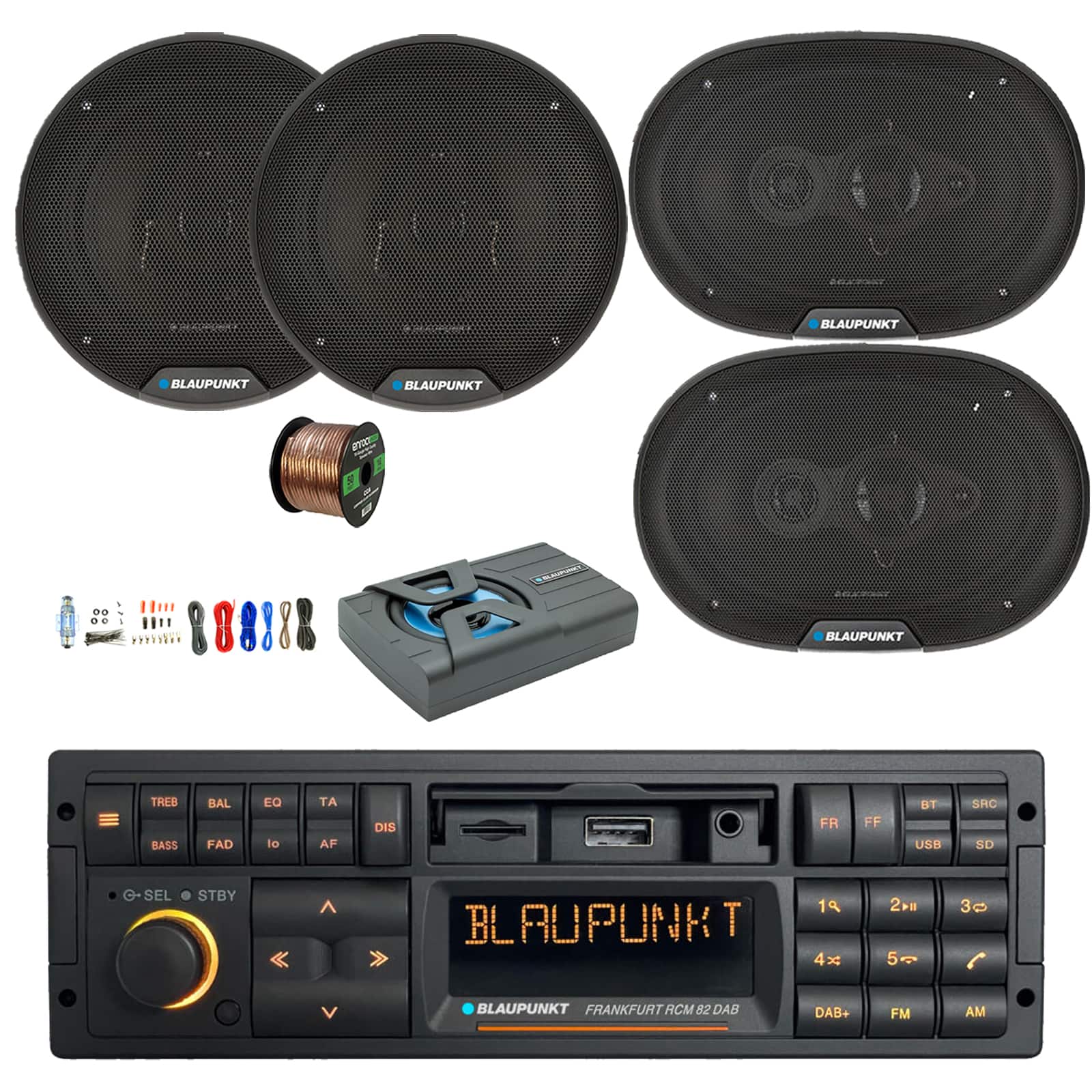 Blaupunkt - FRANKFURT 90's Retro Classic BT Receiver, 8" Sub Enclosure w/Kit, 2x 6x9" Speakers, 2x 6" Speakers, Wire