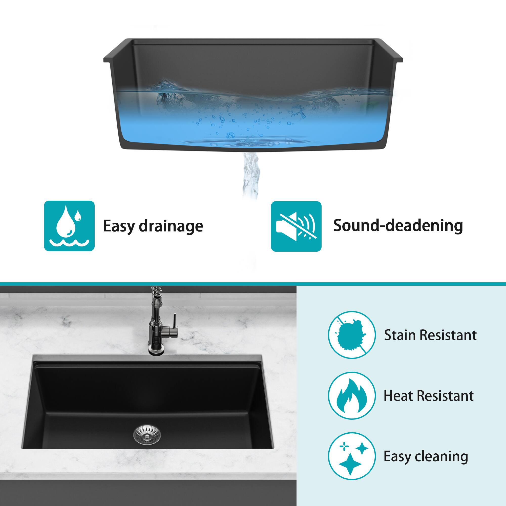 Easy drainage  
Sound-deadening  
Stain Resistant  
Heat Resistant  
Easy cleaning
