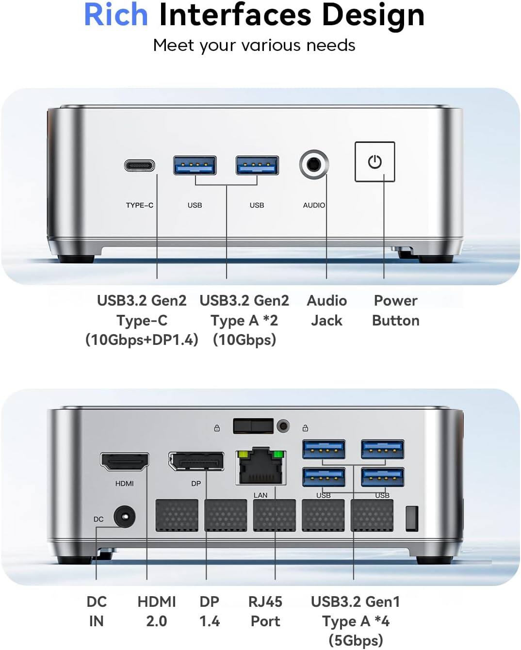 Rich Interfaces Design  
Meet your various needs  

- USB3.2 Gen2 Type-C (10Gbps+DP1.4)  
- USB3.2 Gen2 Type A *2 (10Gbps)  
- Audio Jack  
- Power Button  

- HDMI 2.0  
- DP 1.4  
- RJ45 Port  
- USB3.2 Gen1 Type A *4 (5Gbps)  
- DC IN