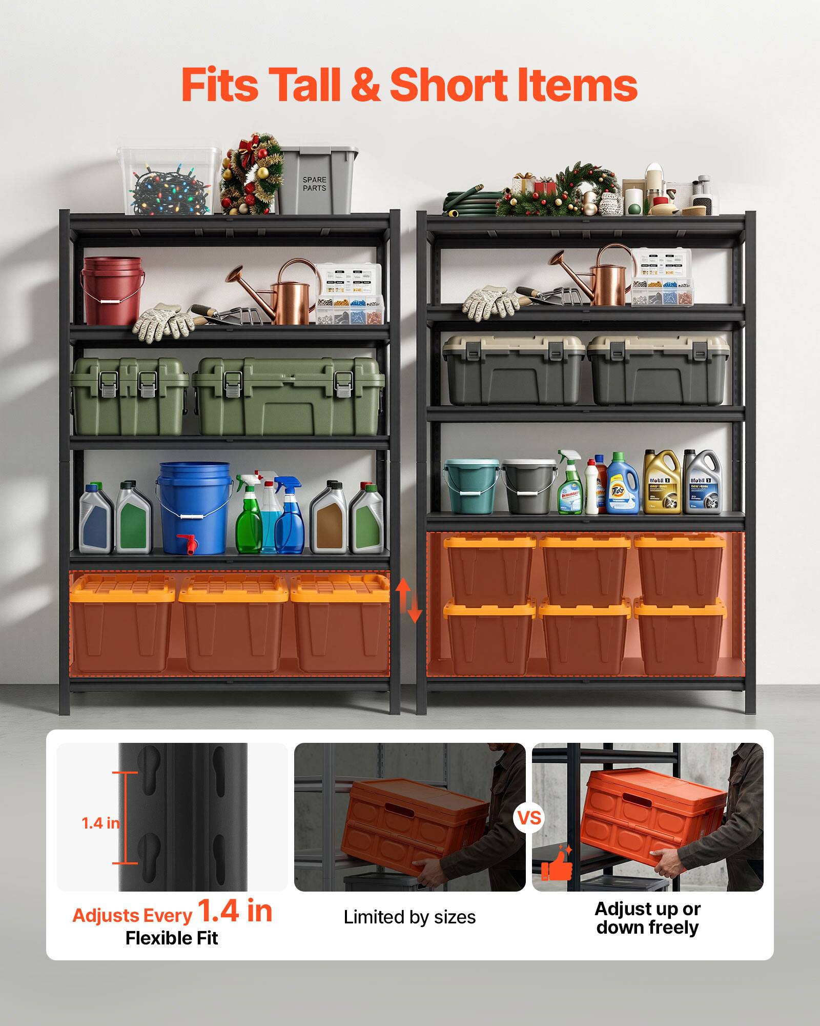 Fits Tall & Short Items

SPARE PARTS

Adjusts Every 1.4 in

Flexible Fit

Limited by sizes

Adjust up or down freely