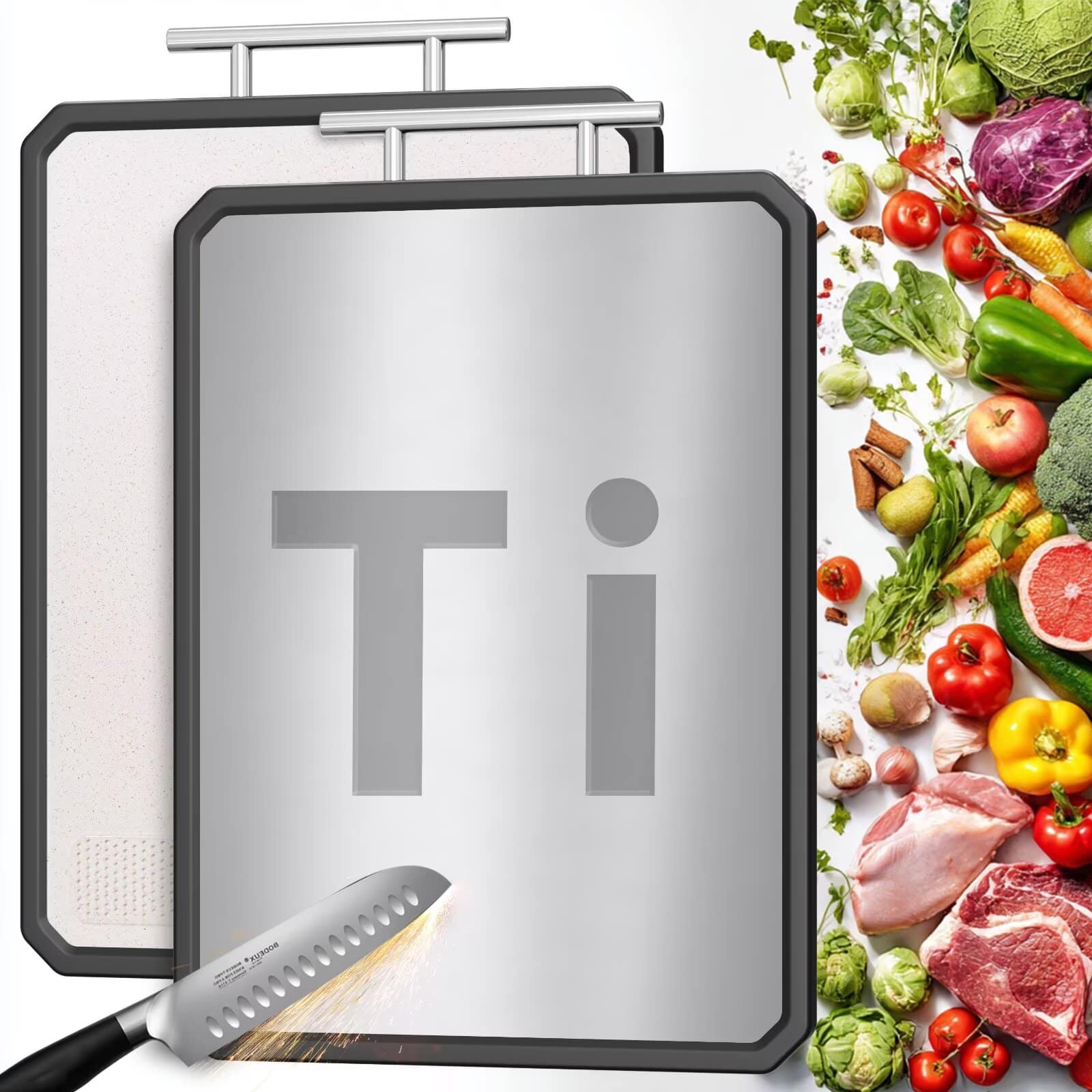 Tooloton - Double-Sided Cutting Board, 16x11 inch, Titanium & Wheat Straw PP, Dishwasher Safe, Easy to Clean - Silver