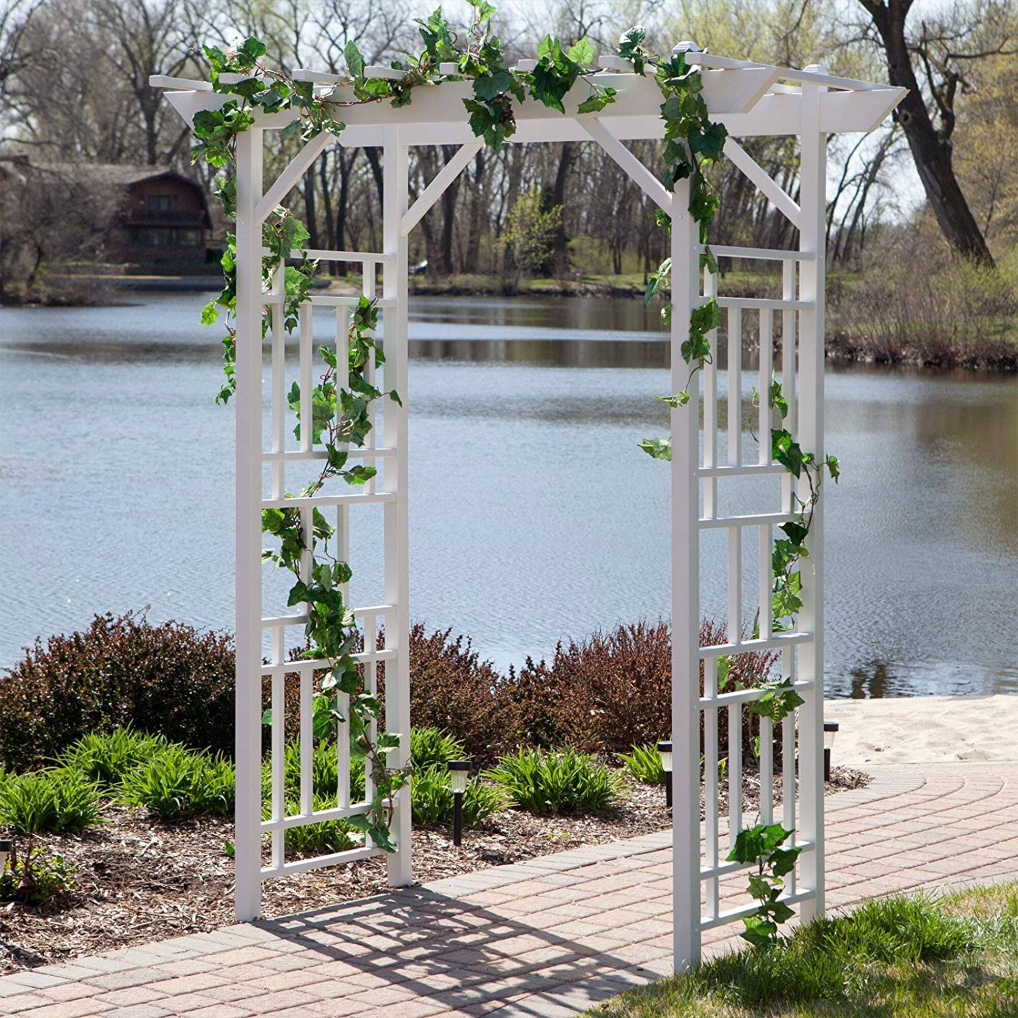 Alt View 5. Dura-Trel - Dura-Trel Wellington Arbor 72" x 85" Outdoor Garden Arch Lattice Trellis, White - White.