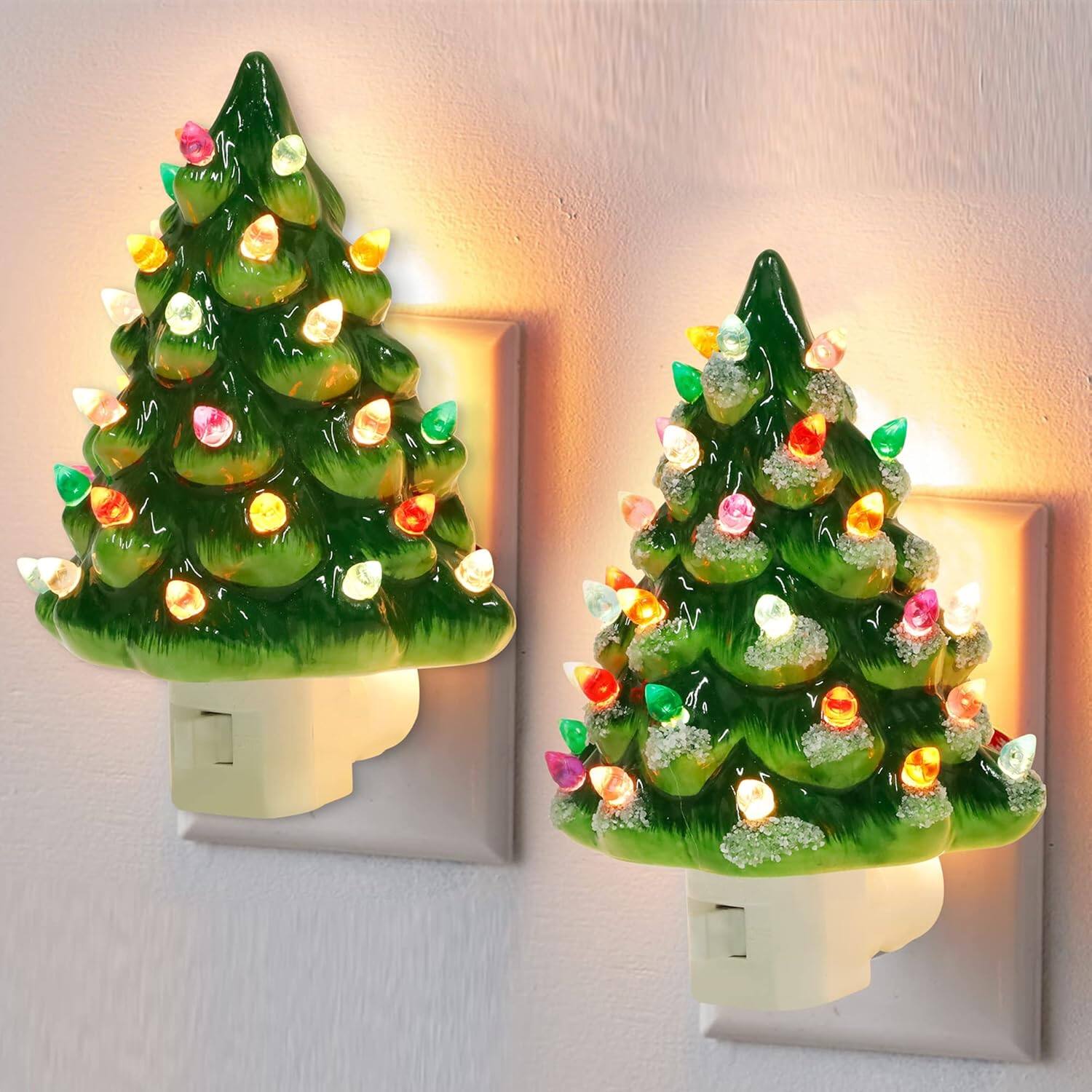 ACJPR - 2-Pack Ceramic Christmas Tree Night Lights, Multicolor LED, Plug-In, Swivel - ‎White
