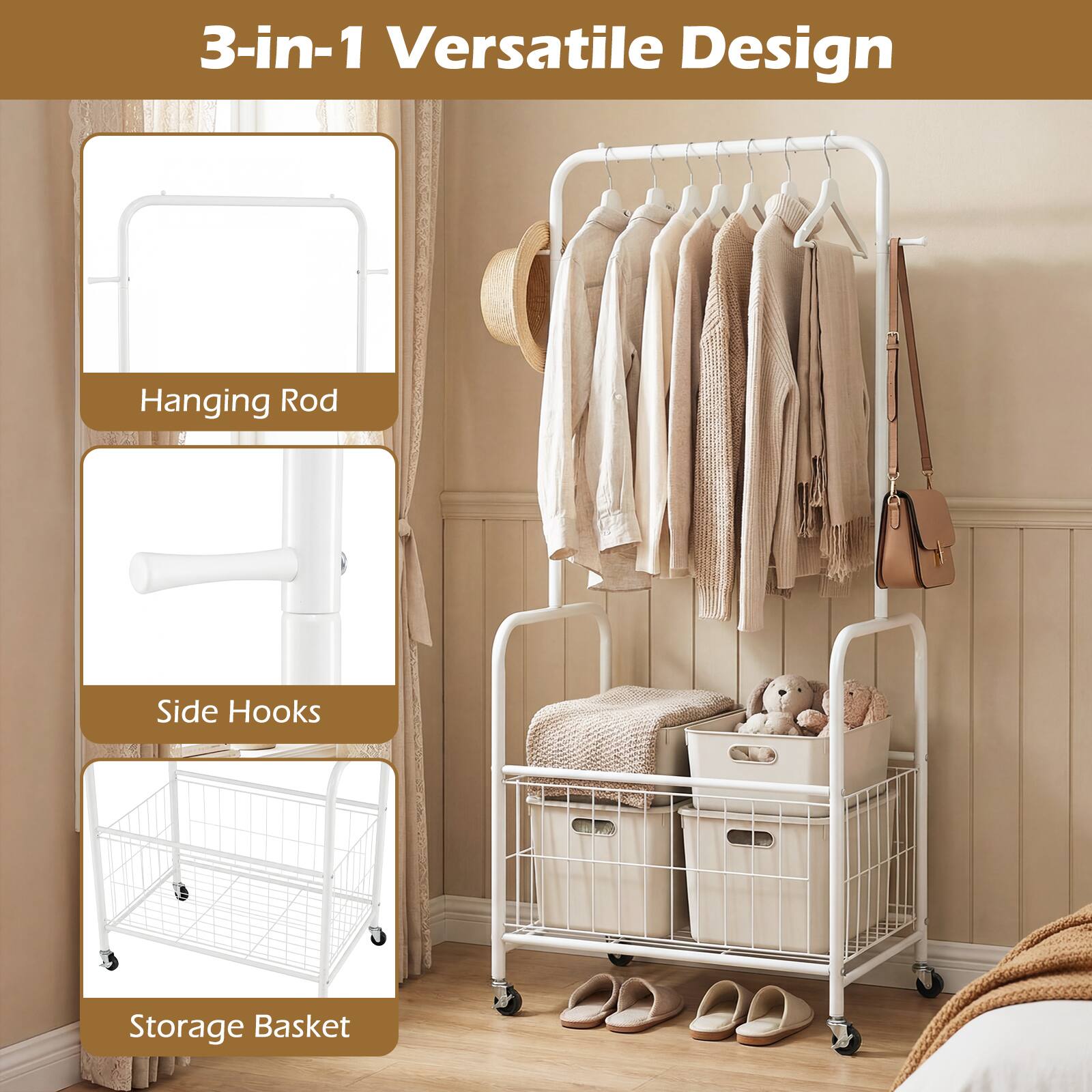3-in-1 Versatile Design

- Hanging Rod
- Side Hooks
- Storage Basket
