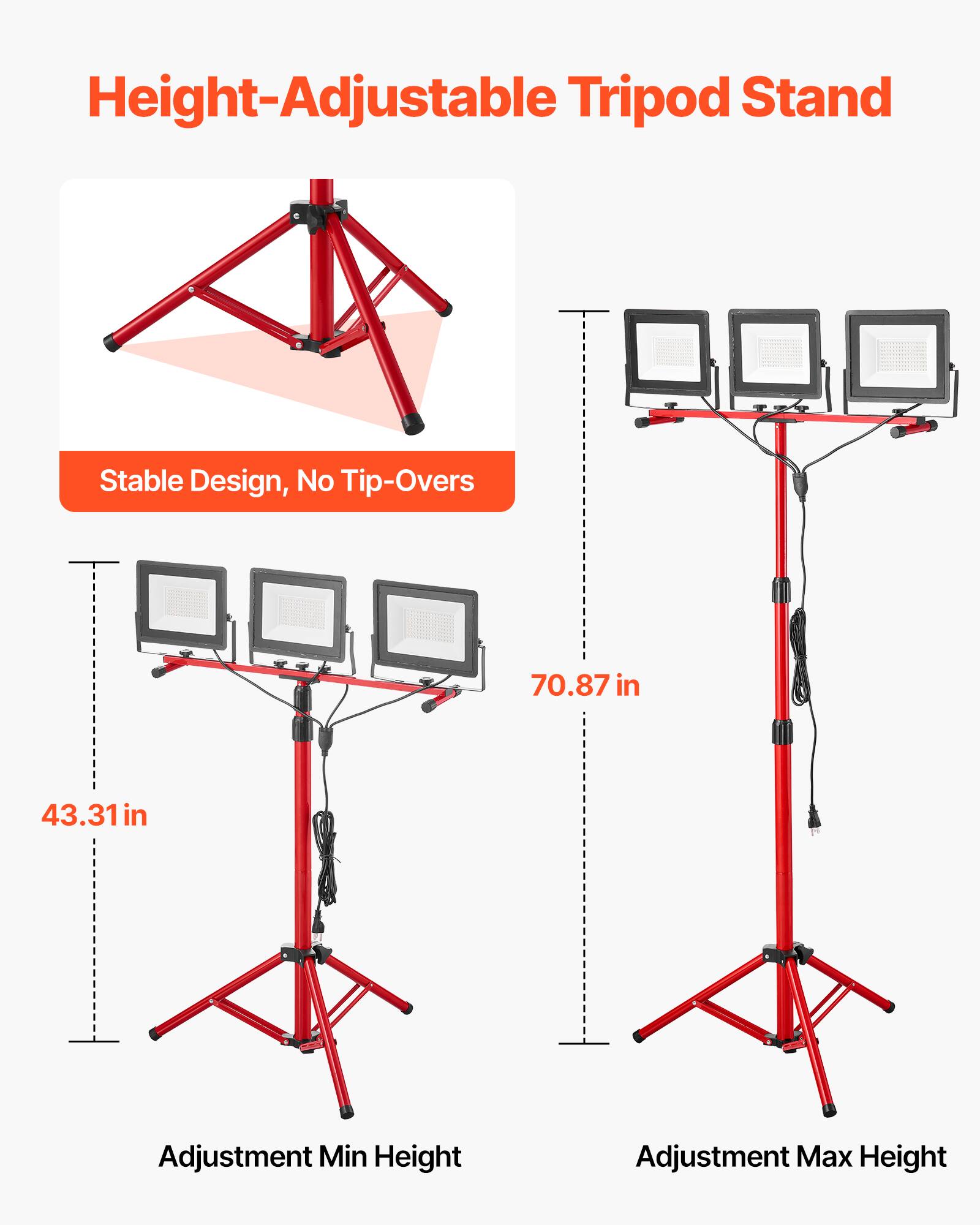Height-Adjustable Tripod Stand

Stable Design, No Tip-Overs

Adjustment Min Height: 43.31 in

Adjustment Max Height: 70.87 in