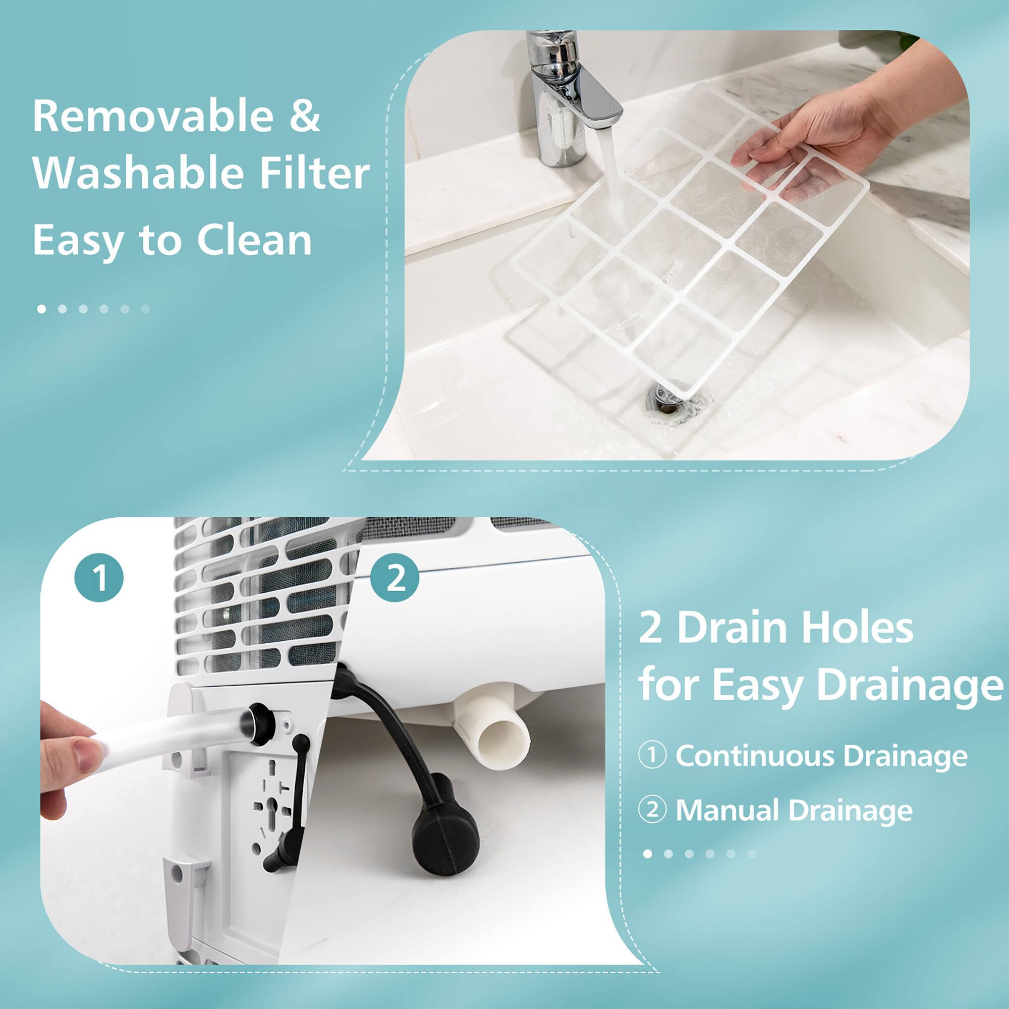 Removable & Washable Filter Easy to Clean 1 2 Drain Holes for Easy Drainage 1 Continuous Drainage 2 Manual Drainage