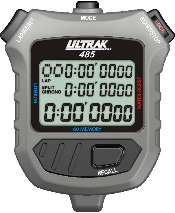 MODE LAP/RESET START/STOP DO ULTRAK 485  
00:00' 0000 LAP SPLIT 0:00'  
LITHIUM CHRONO 0000  
WATER-RESIST 0-000000  
60 MEMORY RECALL