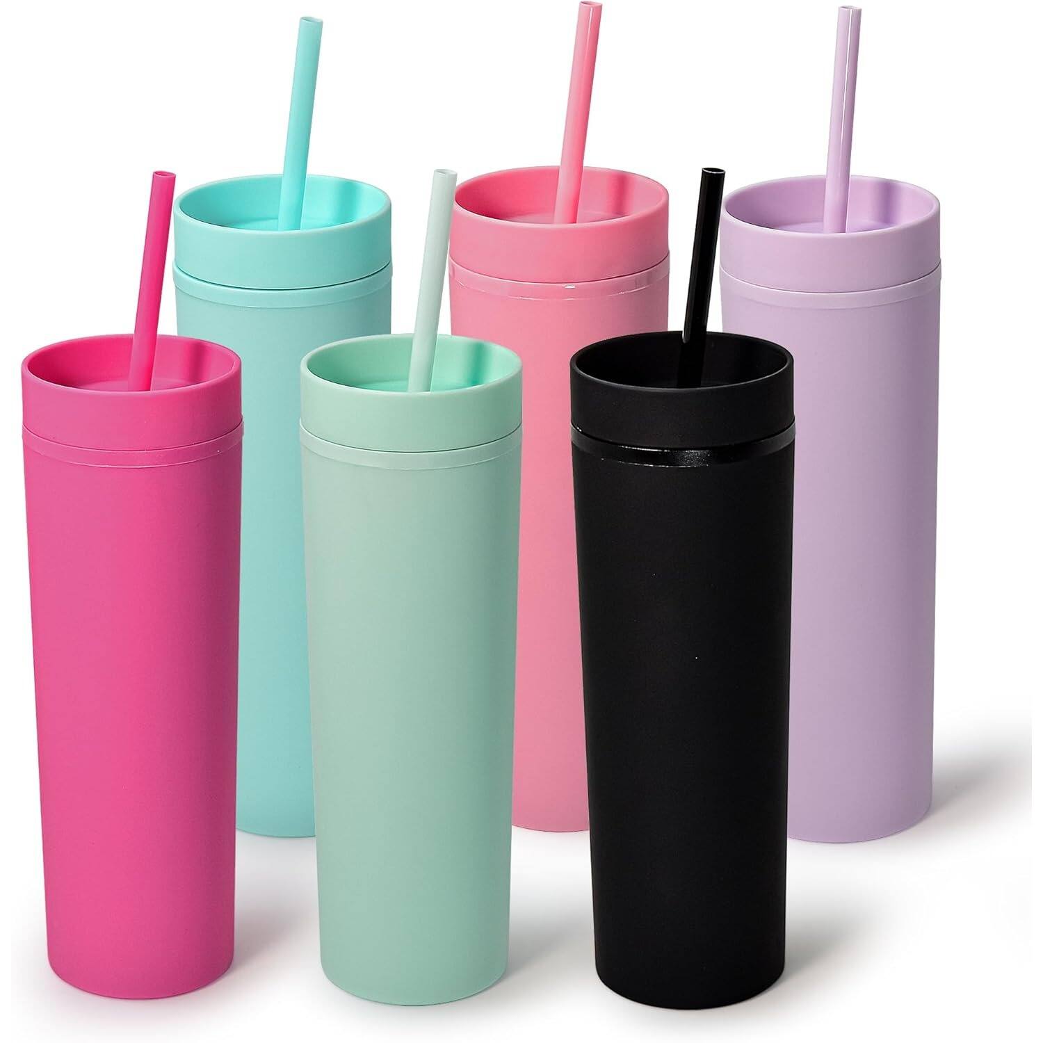 Front. PARKER SLATER - 6-pack 16oz pastel skinny tumblers with lids and straws, double-wall acrylic cups for hot or cold drinks. - Multicolor.
