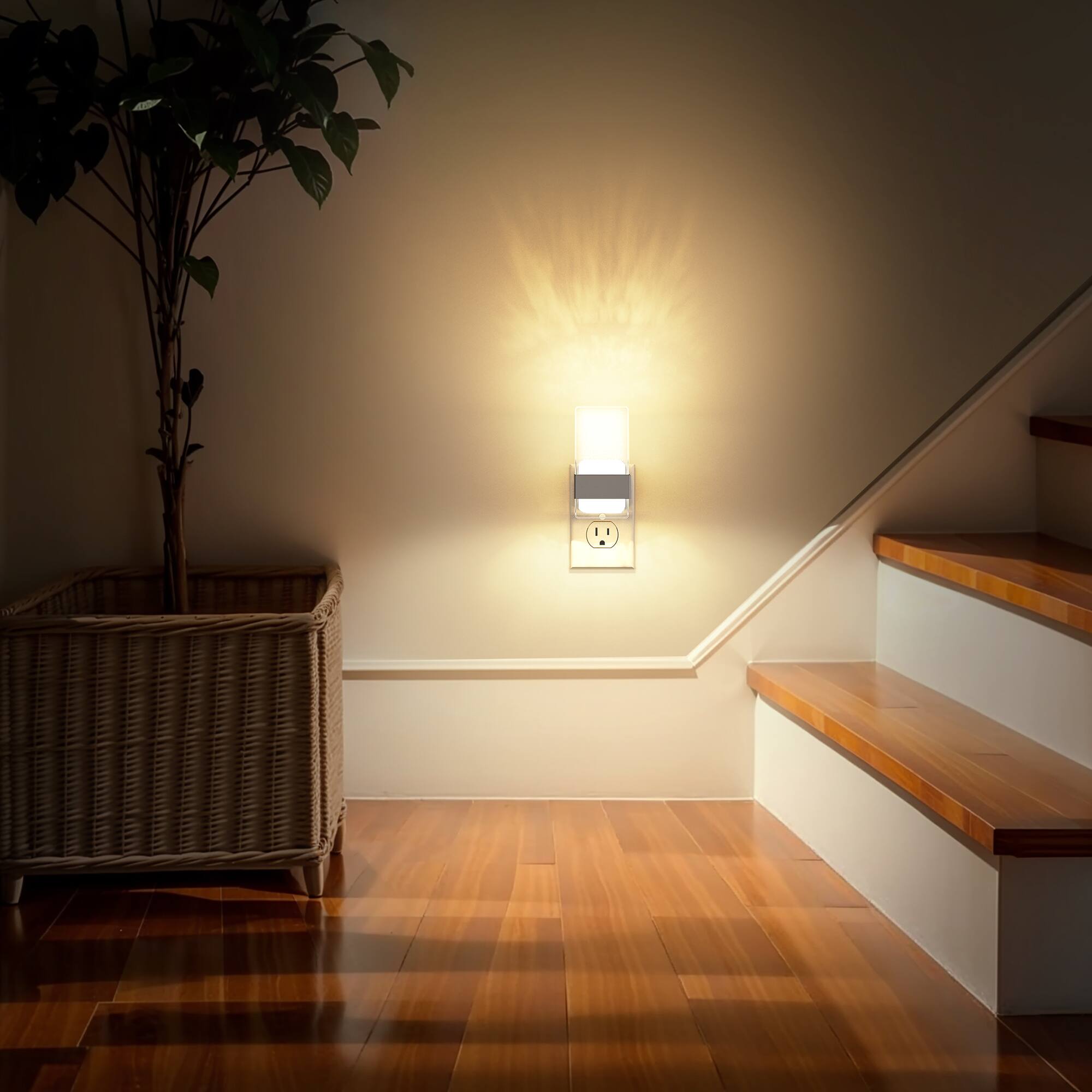 Alt View 4. Jandcase - JANDCASE 2-Pack 1W  Plug-in Night Light, 3000K Warm Glow, Satin Nickel Accent, Up/Down Light,Light Sensor - Silver.