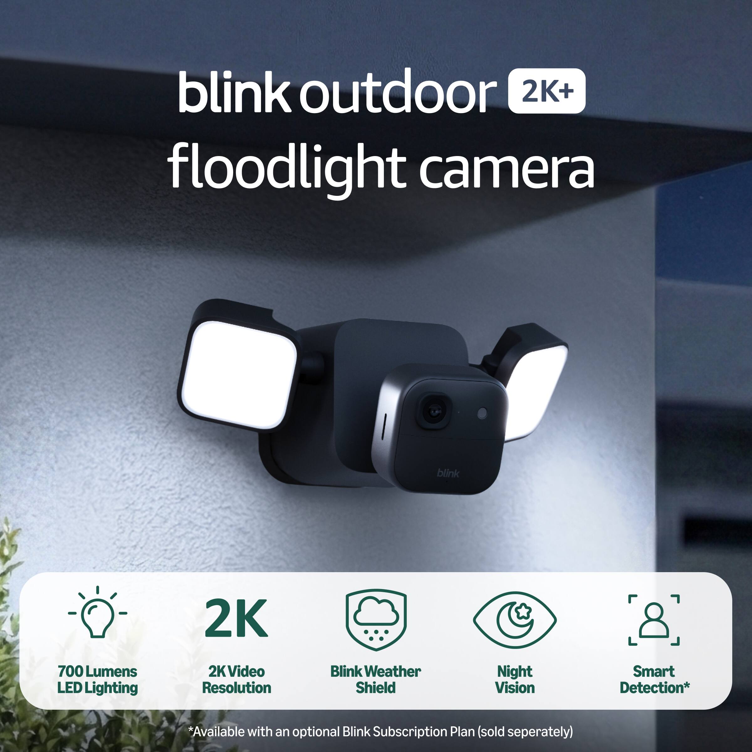 blink outdoor 2K+ floodlight camera  
blink 700 Lumens LED Lighting  
2K Video Resolution  
Blink Weather Shield  
Night Vision  
Smart Detection*  
*Available with an optional Blink Subscription Plan (sold separately)