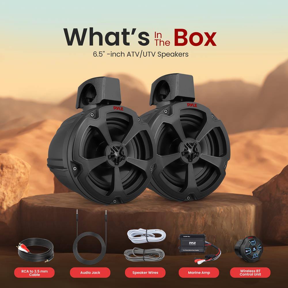 What's In The Box

6.5" -inch ATV/UTV Speakers

- RCA to 3.5 mm Cable
- Audio Jack
- Speaker Wires
- Marine Amp
- Wireless BT Control Unit