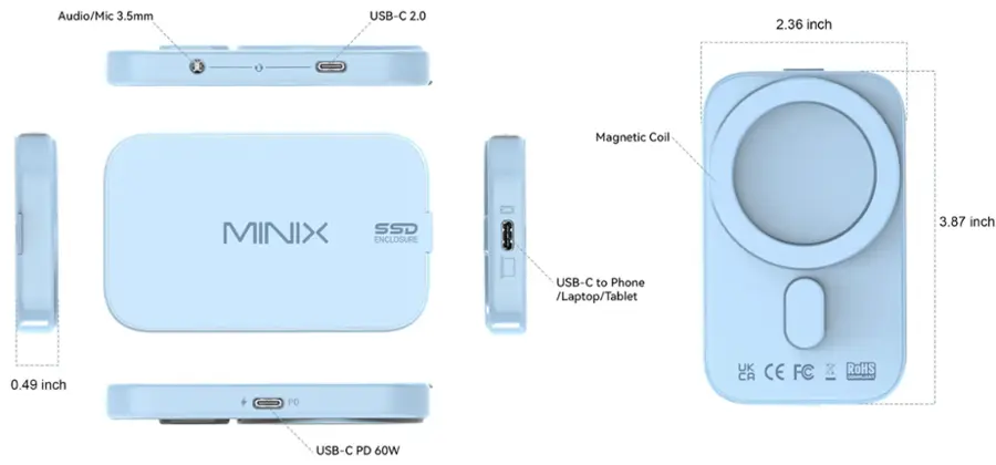 The text on the image reads: "Audio/Mic 3.5mm USB-C 2.0 2.36 inch Magnetic Coil MINIX SSD ENCLOSURE 3.87 inch USB-C to Phone/Laptop/Tablet 0.49 inch PD UK CA CE FC RoHS CLIAN USB-C PD 60W."