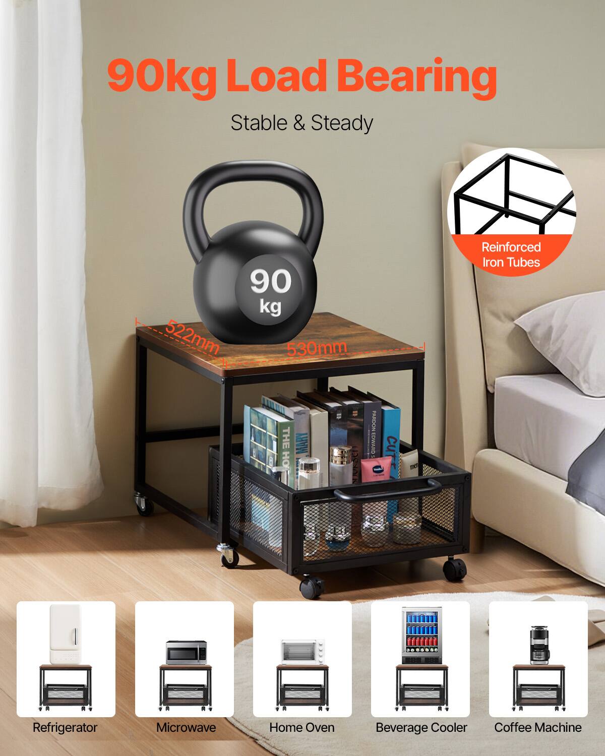 90kg Load Bearing Stable & Steady 90 kg 522mm 530mm Reinforced Iron Tubes Refrigerator Microwave Home Oven Beverage Cooler Coffee Machine