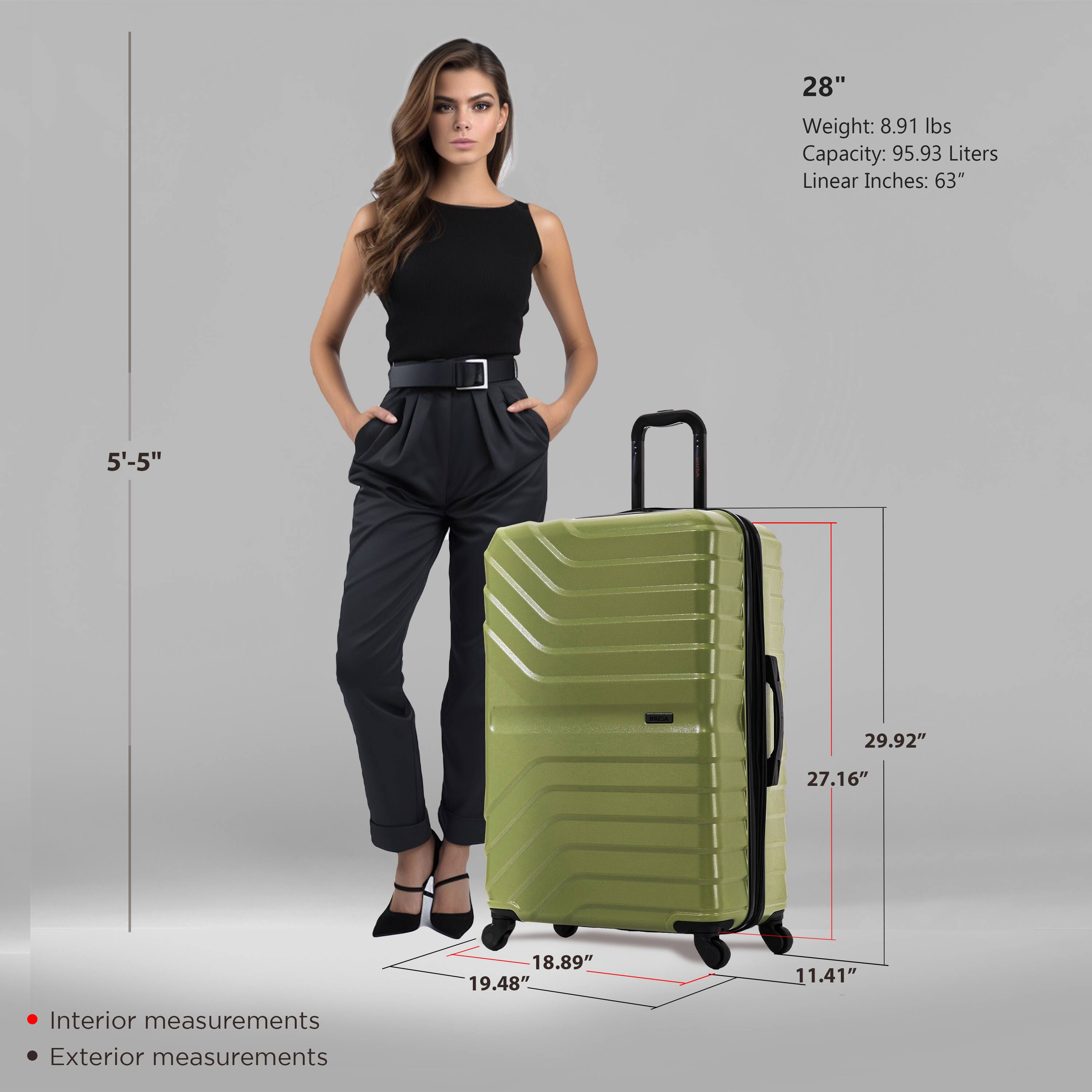 - **Size:** 28"
- **Weight:** 8.91 lbs
- **Capacity:** 95.93 Liters
- **Linear Inches:** 63"

**Interior Measurements:**
- 19.48" (Width)
- 11.41" (Height)
- 8.89" (Depth)

**Exterior Measurements:**
- 29.92" (Height)
- 27.16" (Width)
- 19.48" (Depth)

**Reference Height:** 5'-5"