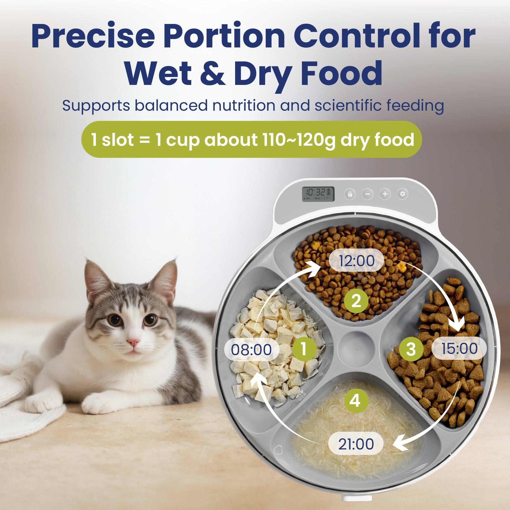 Precise Portion Control for Wet & Dry Food  
Supports balanced nutrition and scientific feeding  
1 slot = 1 cup about 110~120g dry food  

10:32  
12:00  
08:00  
15:00  
21:00