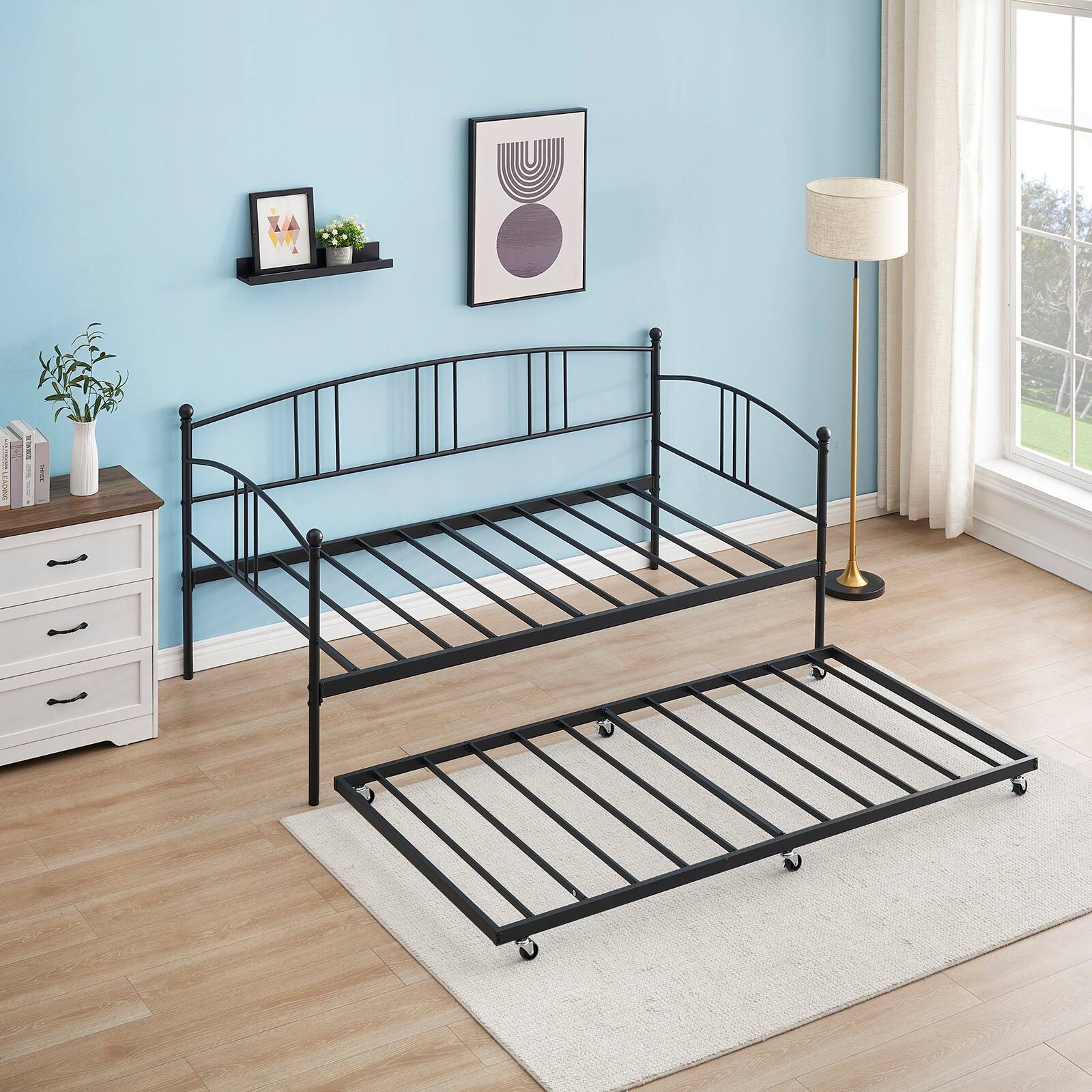 Back. Homhougo - Twin Rectangular Twin Metal Daybed with Trundle, Sofa Bed Frame with 6 Casters and Steel Slat Support - Black.
