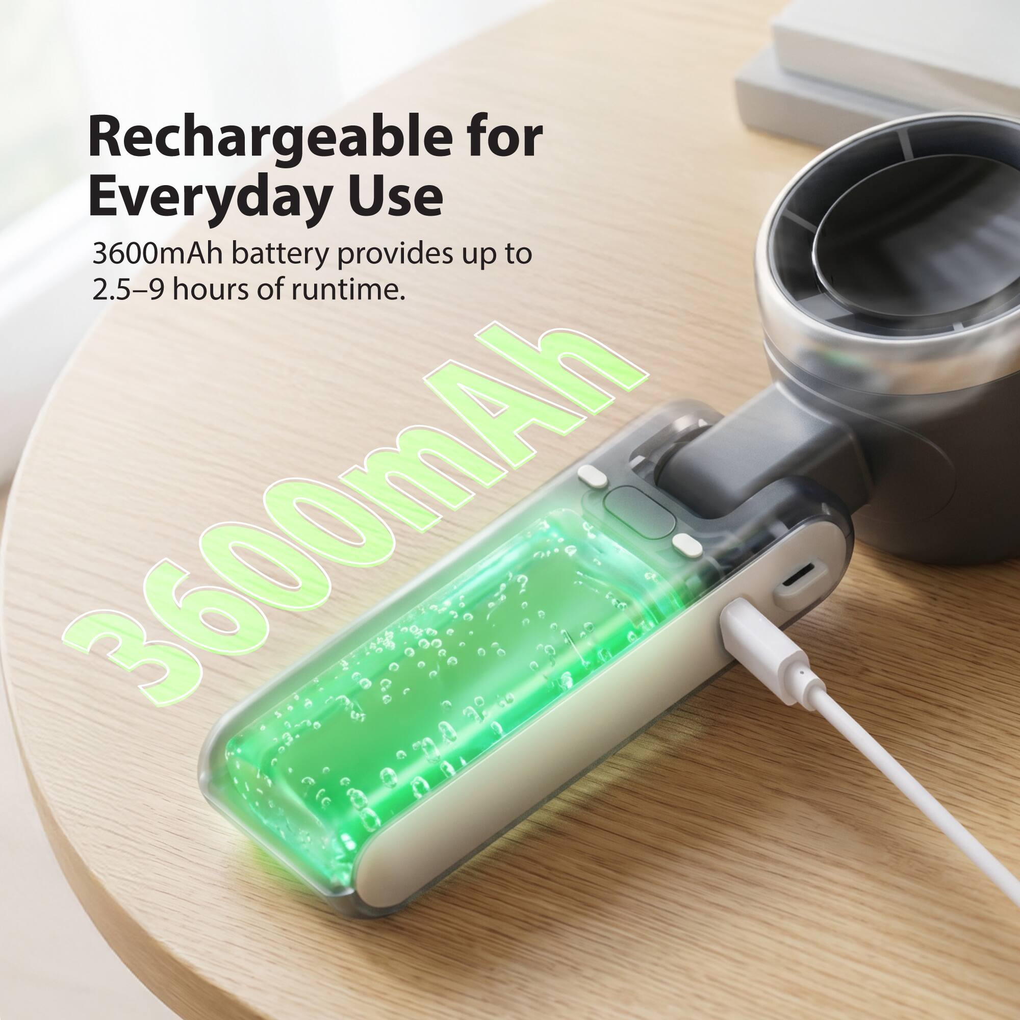 Rechargeable for Everyday Use  
3600mAh battery provides up to 2.5–9 hours of runtime.