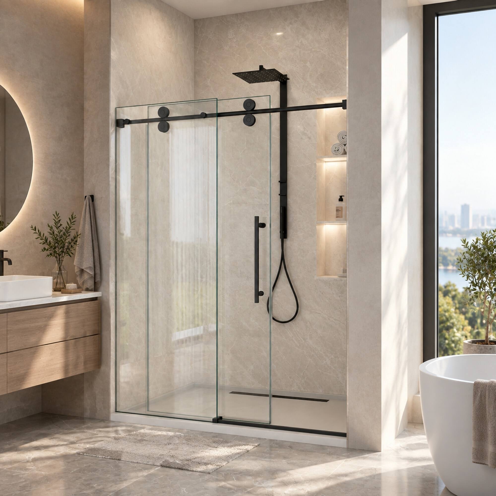 Angle. RYHNUYNE - 56-60" W X 72" H Frameless Single Sliding Shower Door With 5/16" Clear Tempered Glass, Matte Black Finish - Matte Black.
