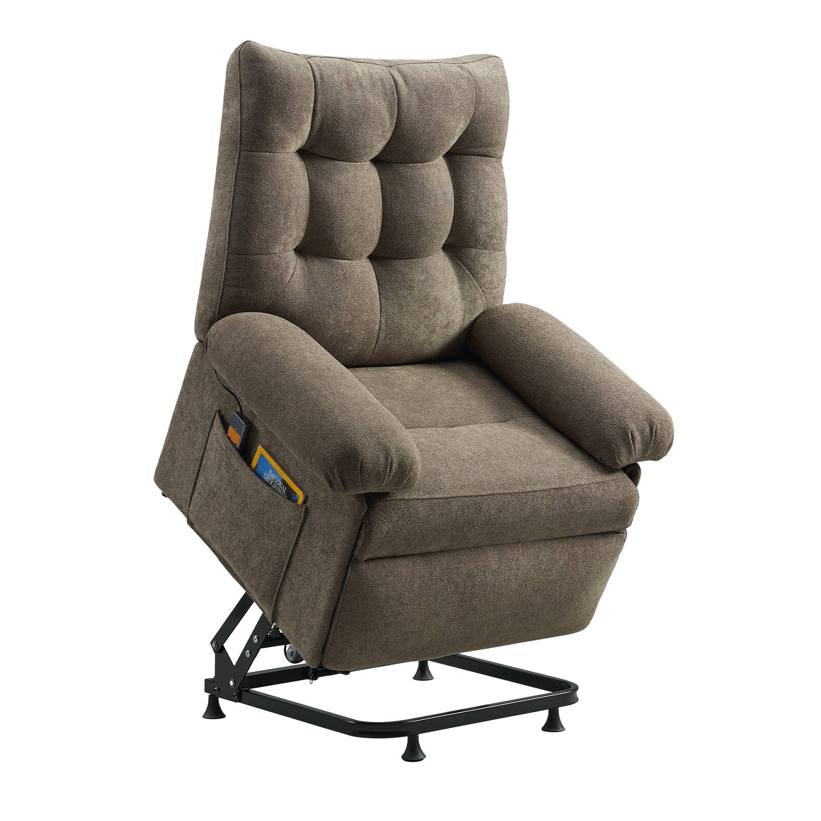 Back. Bestier - Triple Motor Power Lift Recliner Chair with Removable Cover Lumbar Pillow and Side Pocket - Coffee.