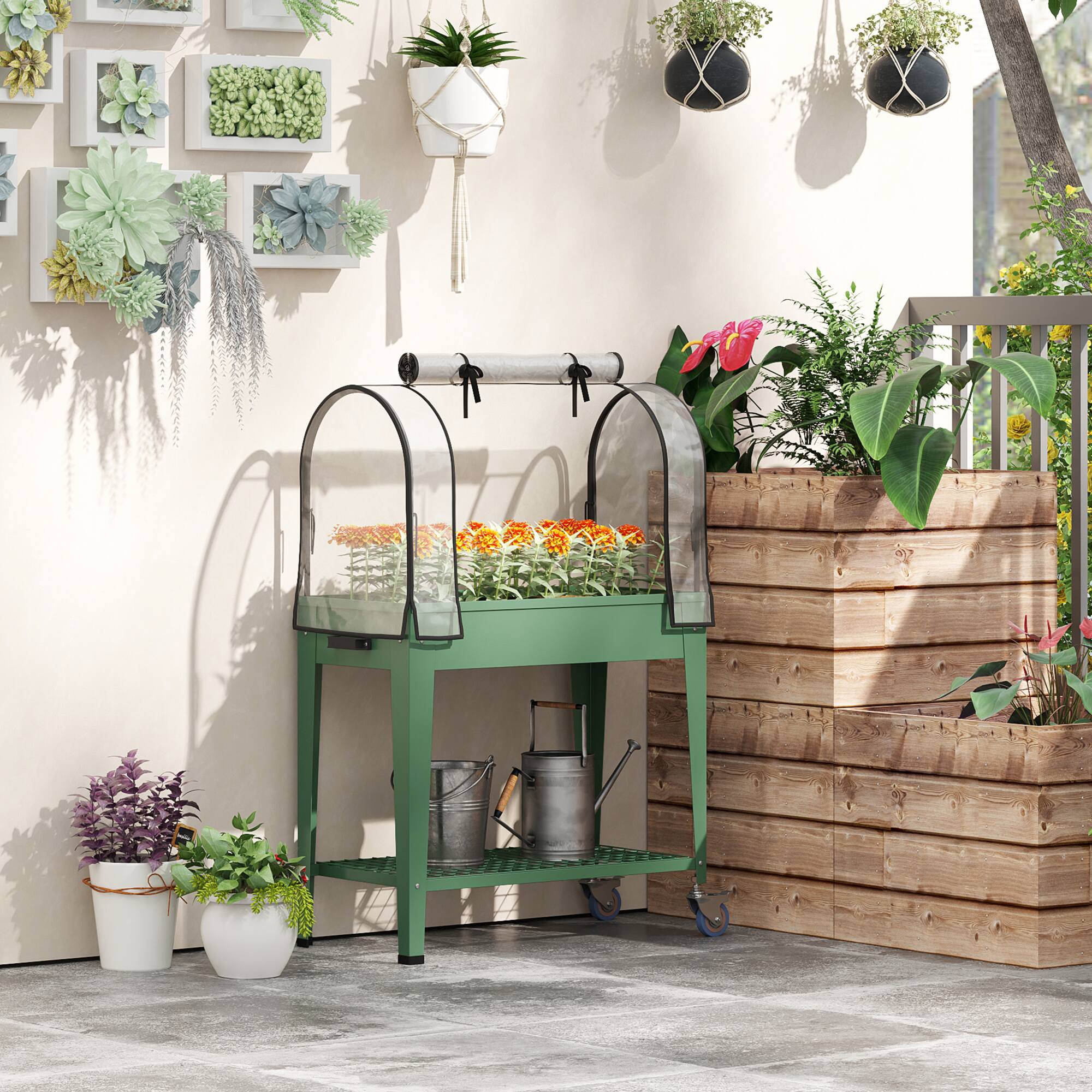 Alt View 1. Outsunny - Garden Bed with Greenhouse Cover, Metal Outdoor Planter Box with Lockable Wheels.