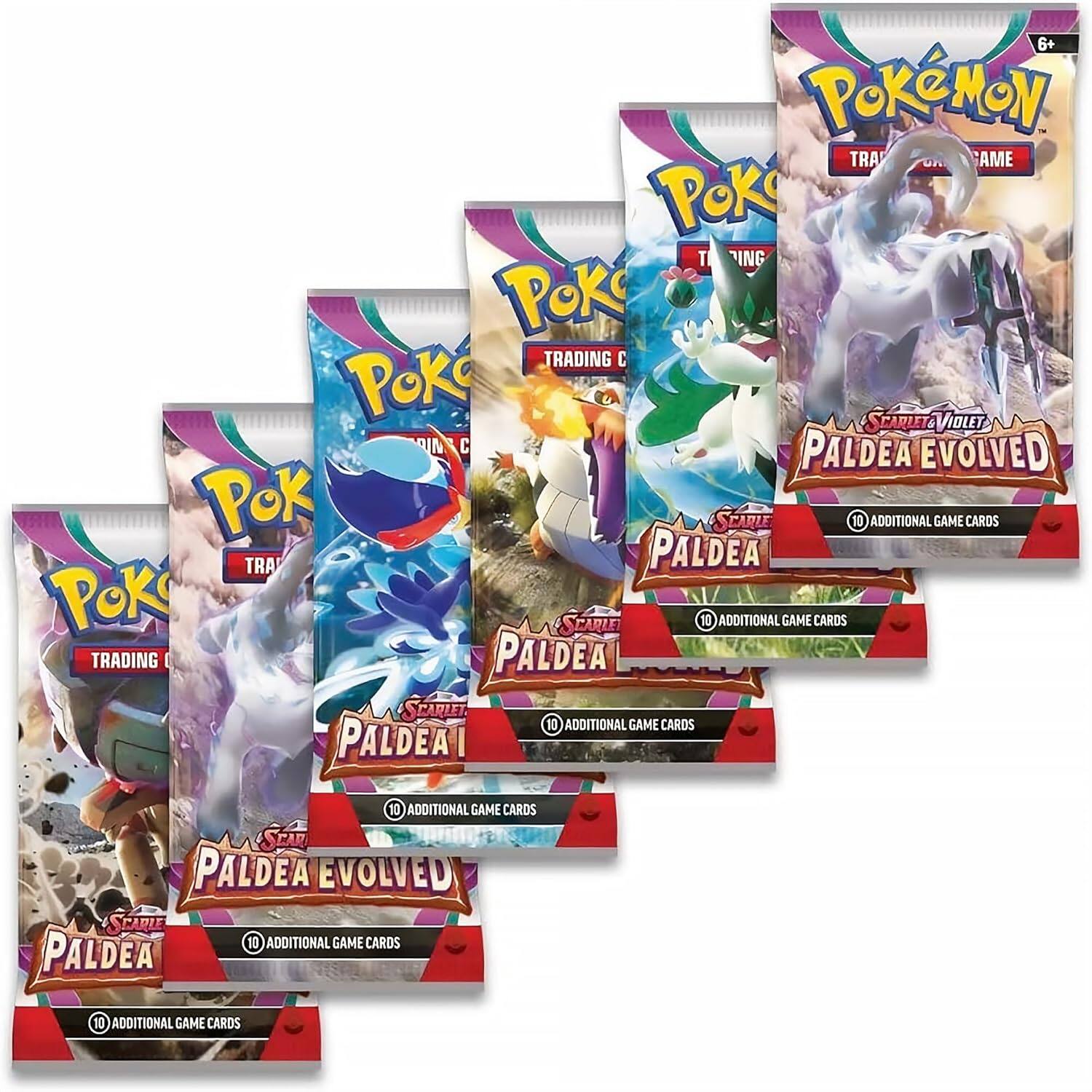 6+ Pokémon Trading Card Game  
Pokémon Trading Card Game  
Pokémon Scarlet & Violet  
Paldea Evolved  
10 Additional Game Cards  
Pokémon Scarlet & Violet  
Paldea  
10 Additional Game Cards  
Pokémon Scarlet & Violet  
Paldea Evolved  
10 Additional Game Cards