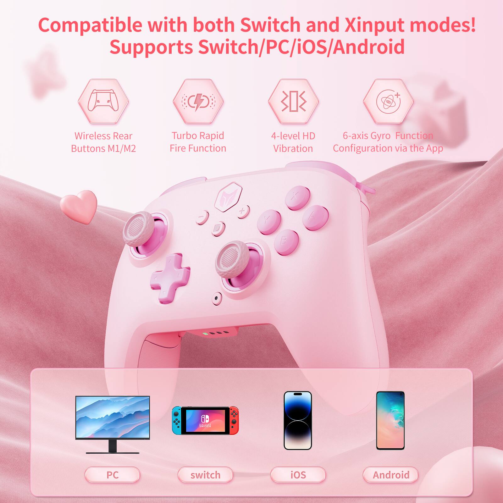Compatible with both Switch and Xinput modes! Supports Switch/PC/iOS/Android

- Wireless Rear Buttons M1/M2
- Turbo Rapid Fire Function
- 4-level HD Vibration
- 6-axis Gyro Function
- Configuration via the App