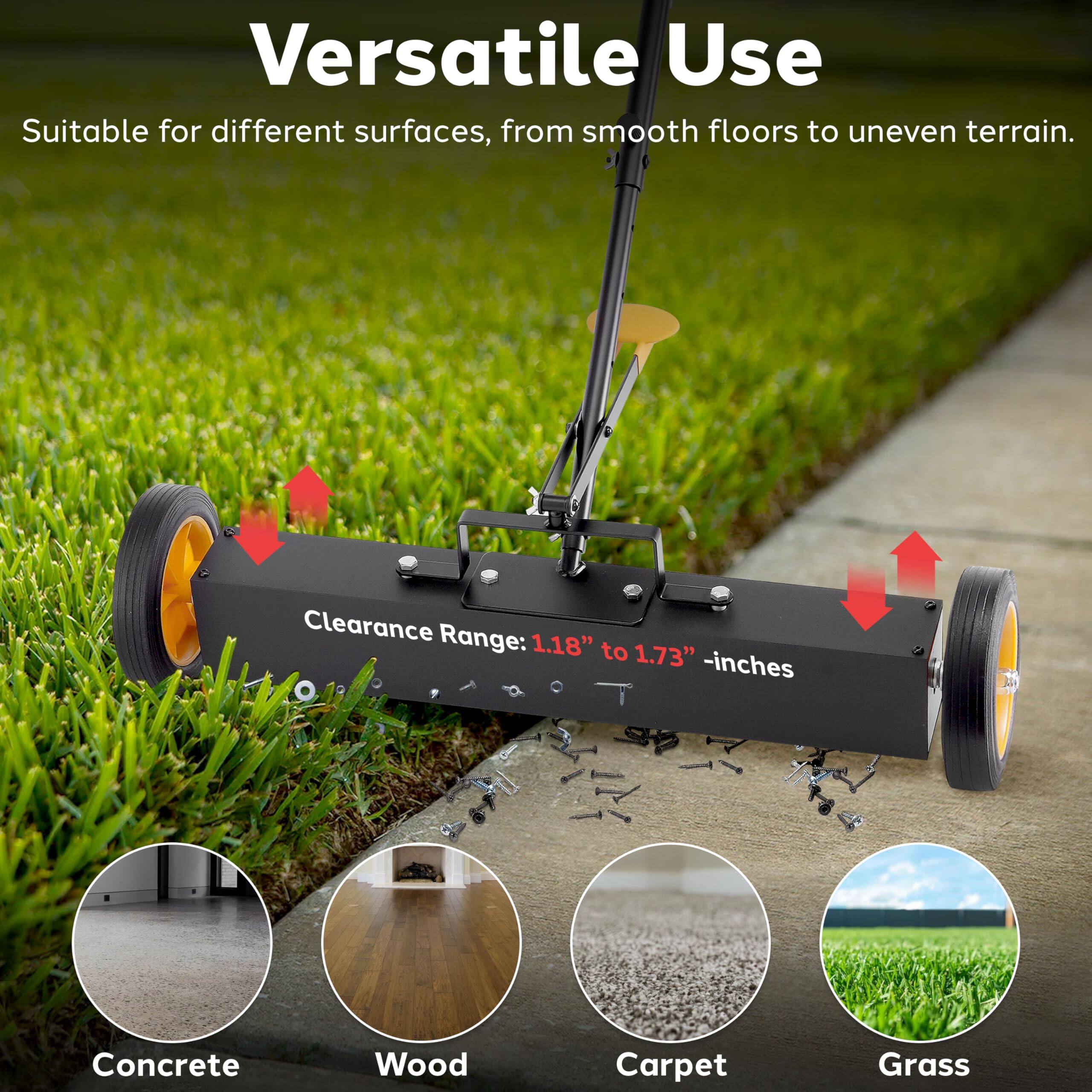 Versatile Use  
Suitable for different surfaces, from smooth floors to uneven terrain.  
Clearance Range: 1.18" to 1.73" inches  

Concrete  
Wood  
Carpet  
Grass