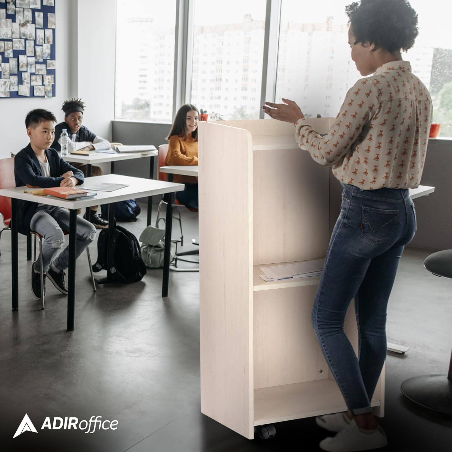 Alt View 8. AdirOffice - Wood Mobile Presentation Lectern Speaker Stand Stand with Shelves - White.