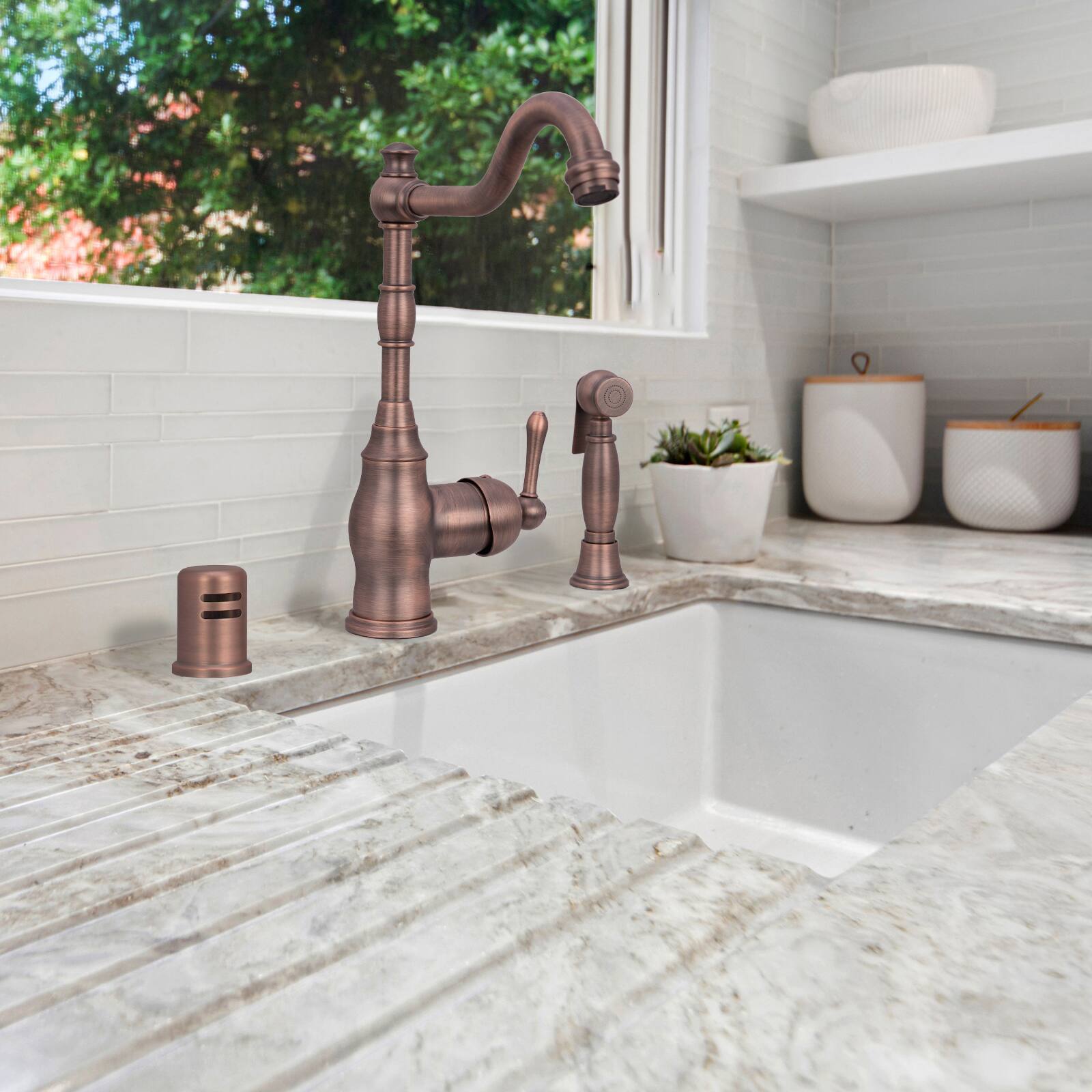 Alt View 5. Akicon - Akicon Solid Brass One-Handle 360° Swivel Widespread Kitchen Faucet with Side Spray in Antique Brass - Antique Brass.