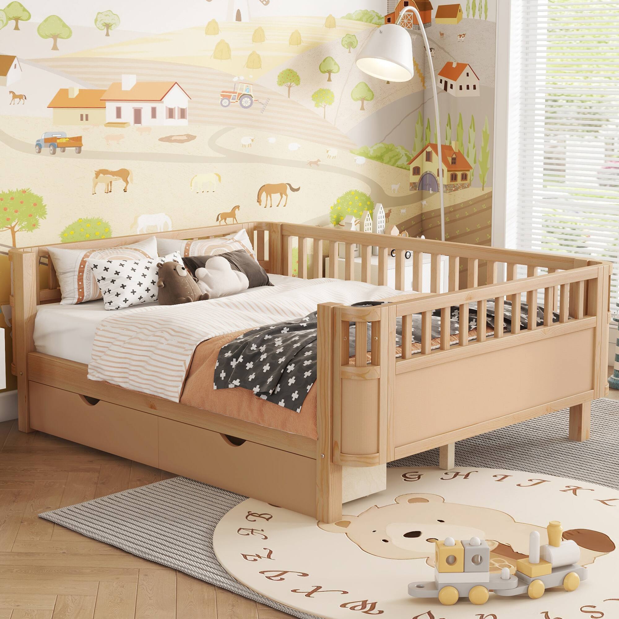 Left. GOODSILO - Full Size Wood Platform Bed with Safety Rails for Children's Rooms, Sturdy Low Profile Design for Kids and Teens - Natural.