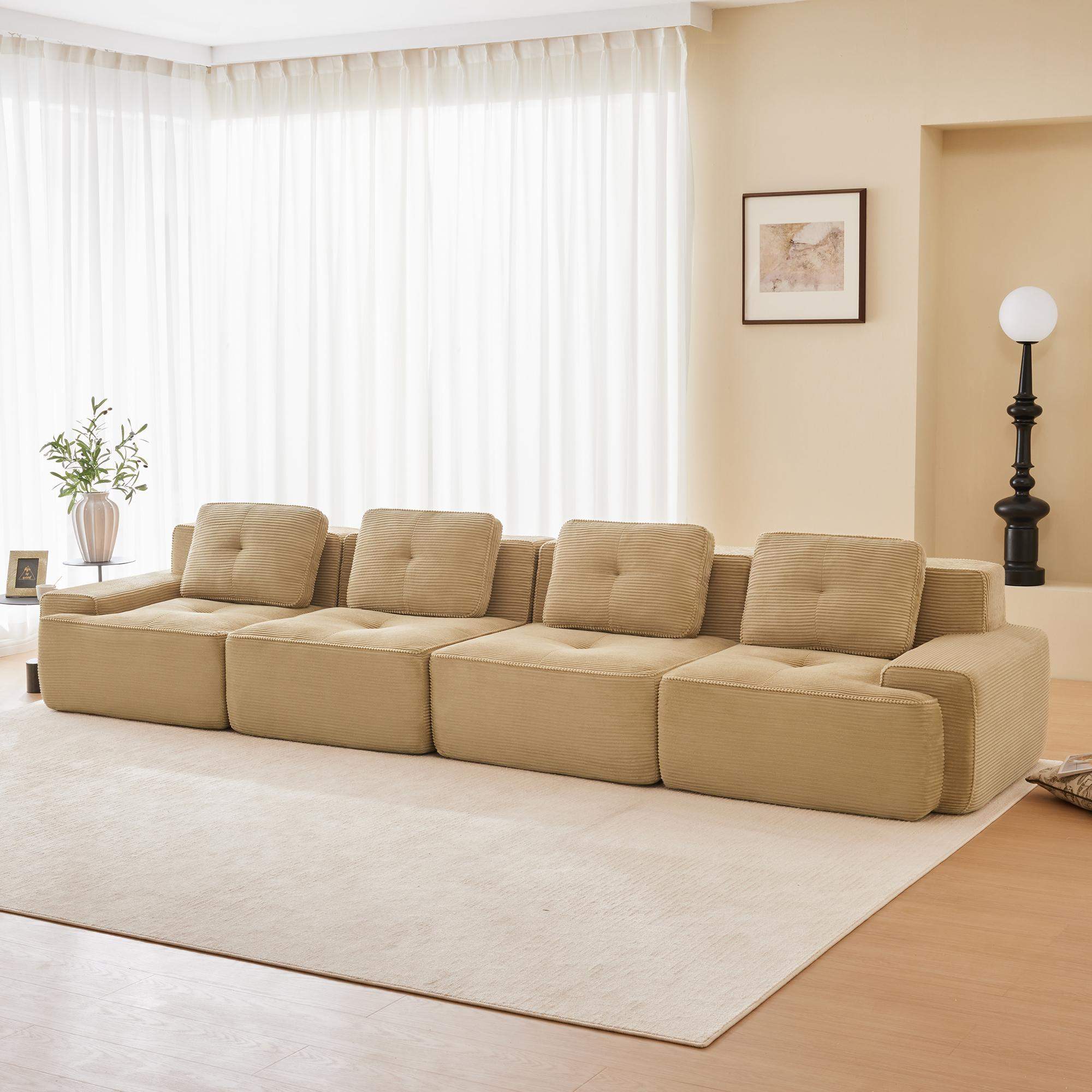 Left. Roomtec - 153 inch Modern Modular Sectional Sofa for Living Room Corduroy Fabric4Seater Couch with Deep Seat Pearllike piping - Camel.