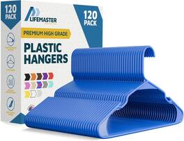 Lifemaster - Plastic Hangers – Heavy Duty, Non-Slip, Space-Saving, Holds 5 lbs, for Clothes, Dresses & Coats, Pack of 120 - Blue