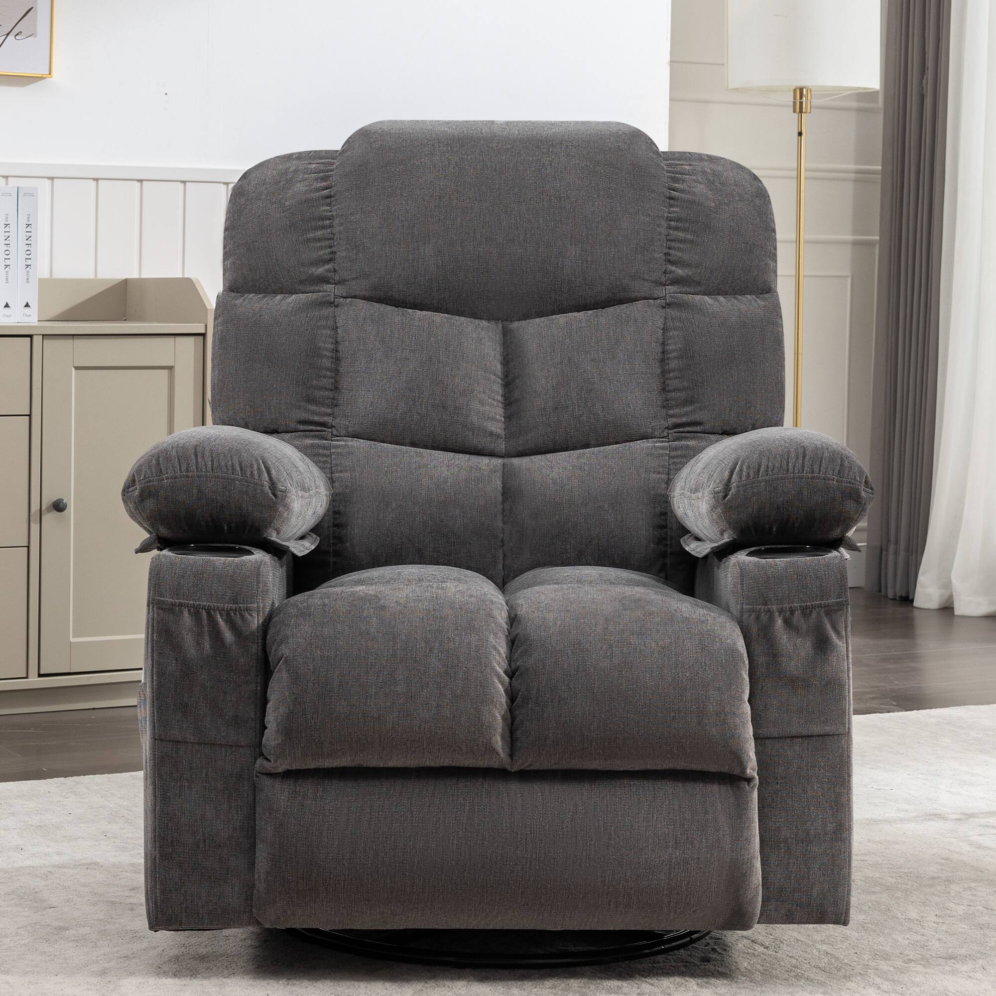 Angle. APRILSOUL - Massage Rocker Recliner Chair Oversized with 2 Cup Holders USB Charge Port Soft Features a Manual Massage and Heat - Grey.