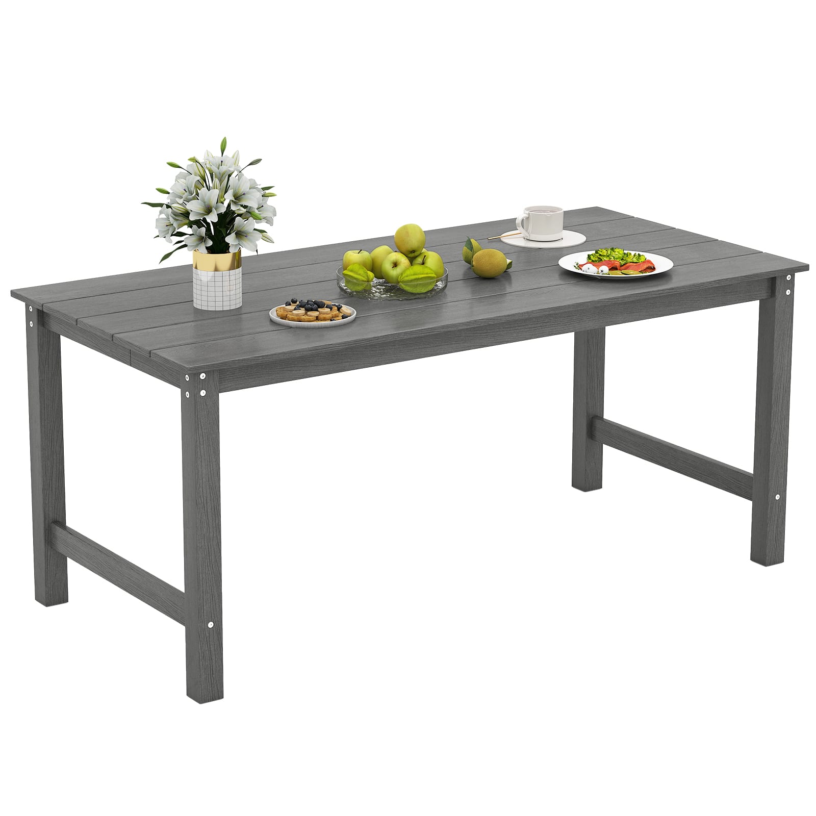Gymax - HDPE Outdoor Dining Table for 6 Person 67'' Patio Table w/ Wood-Like Tabletop - Gray