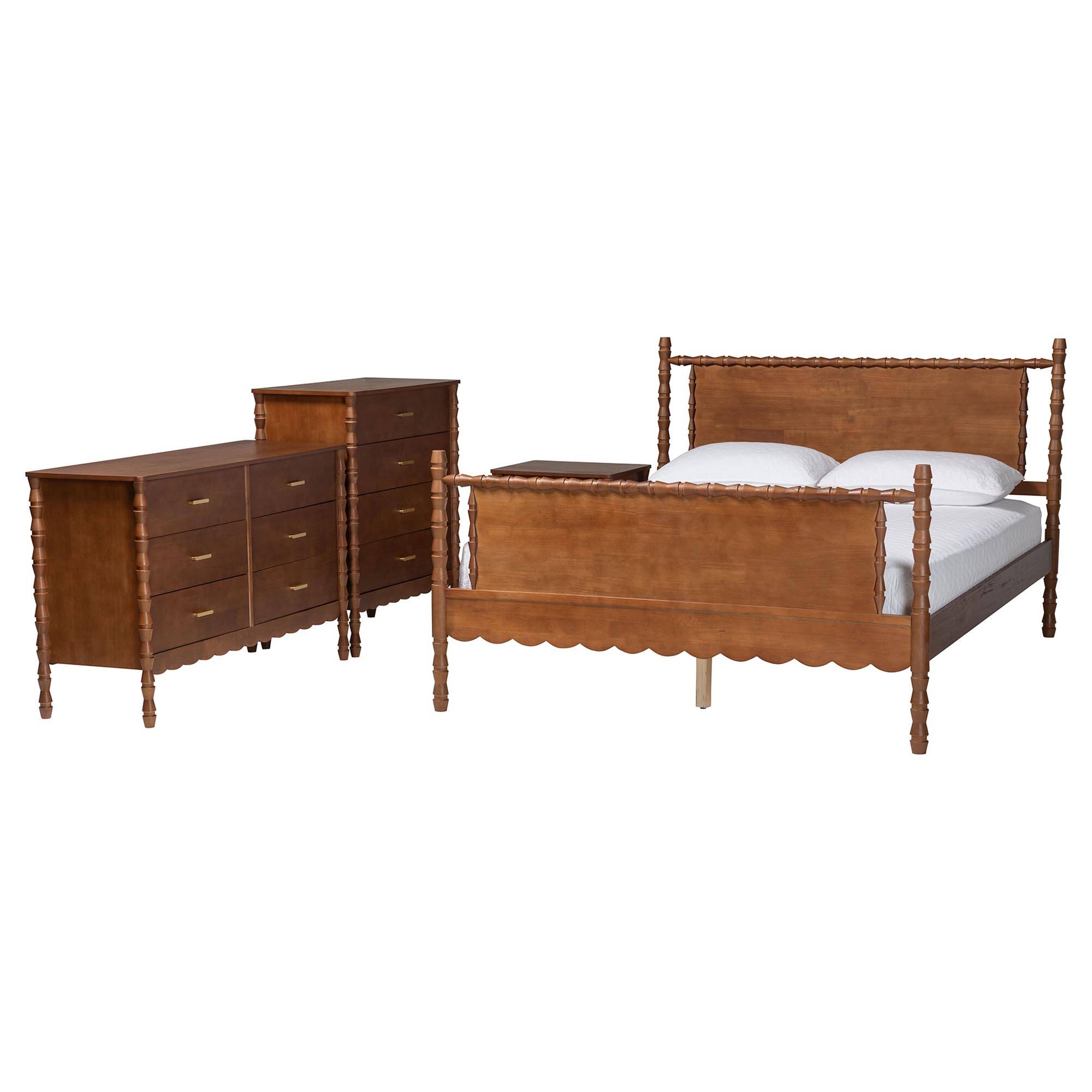 Front. Baxton Studio - Danette Bobbin Wood 4-Piece Bedroom Set with 1 Nightstands, Queen - Walnut Brown.