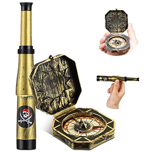 DORLUKFU - 2 Pcs Halloween Pirate Accessories Telescope Spyglass and Compass for Kids Adults Retro Mini Plastic Toy for Pirate