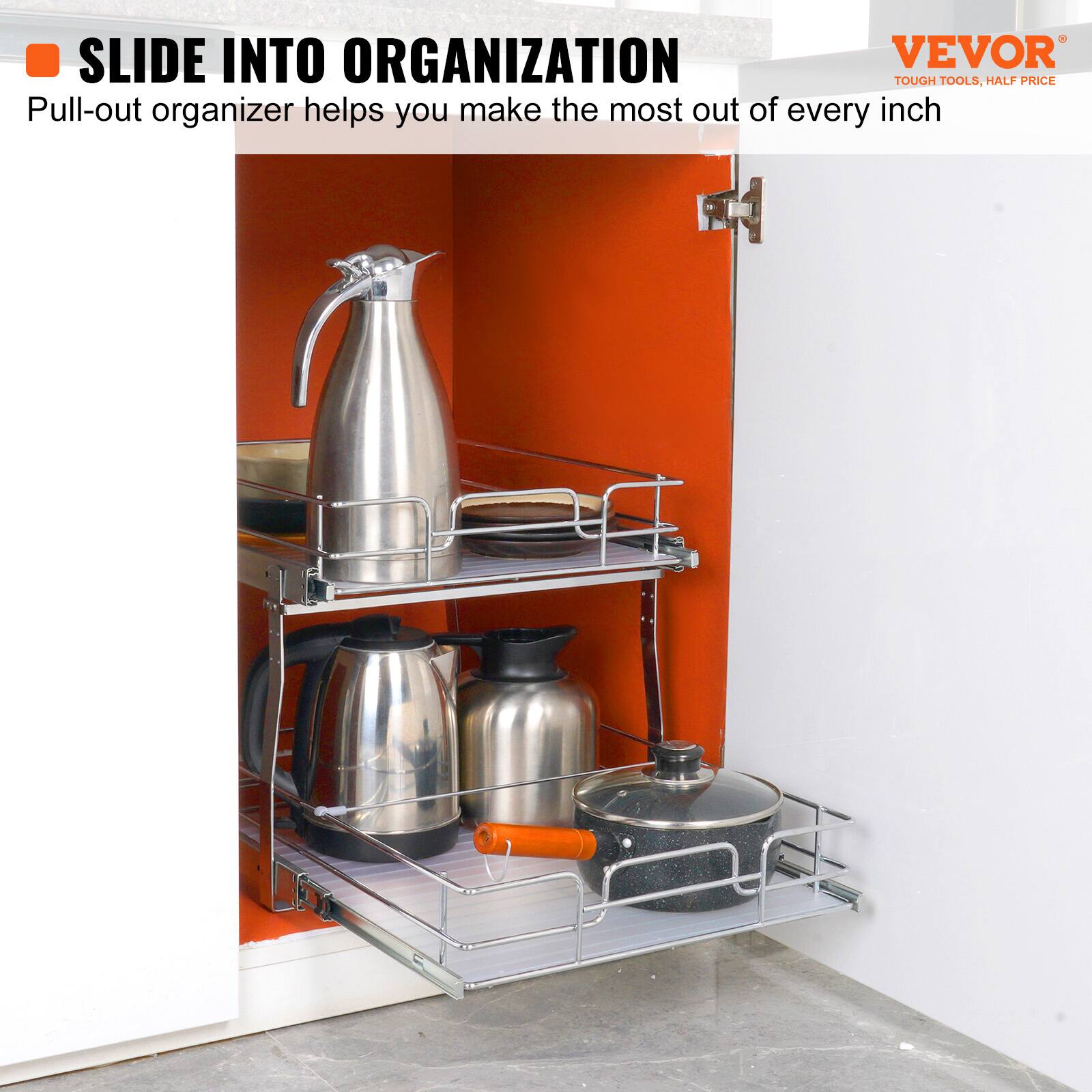 Slide into organization. Pull-out organizer helps you make the most out of every inch.