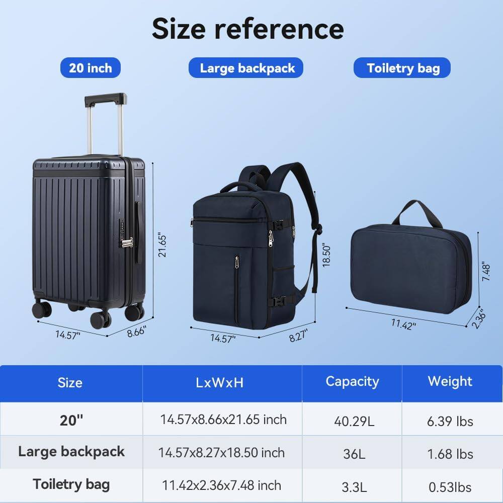 Size reference

20 inch

Large backpack

Toiletry bag

Size LxWxH Capacity Weight

20" 14.57x8.66x21.65 inch 40.29L 6.39 lbs

Large backpack 14.57x8.27x18.50 inch 36L 1.68 lbs

Toiletry bag 11.42x2.36x7.48 inch 3.3L 0.53lbs