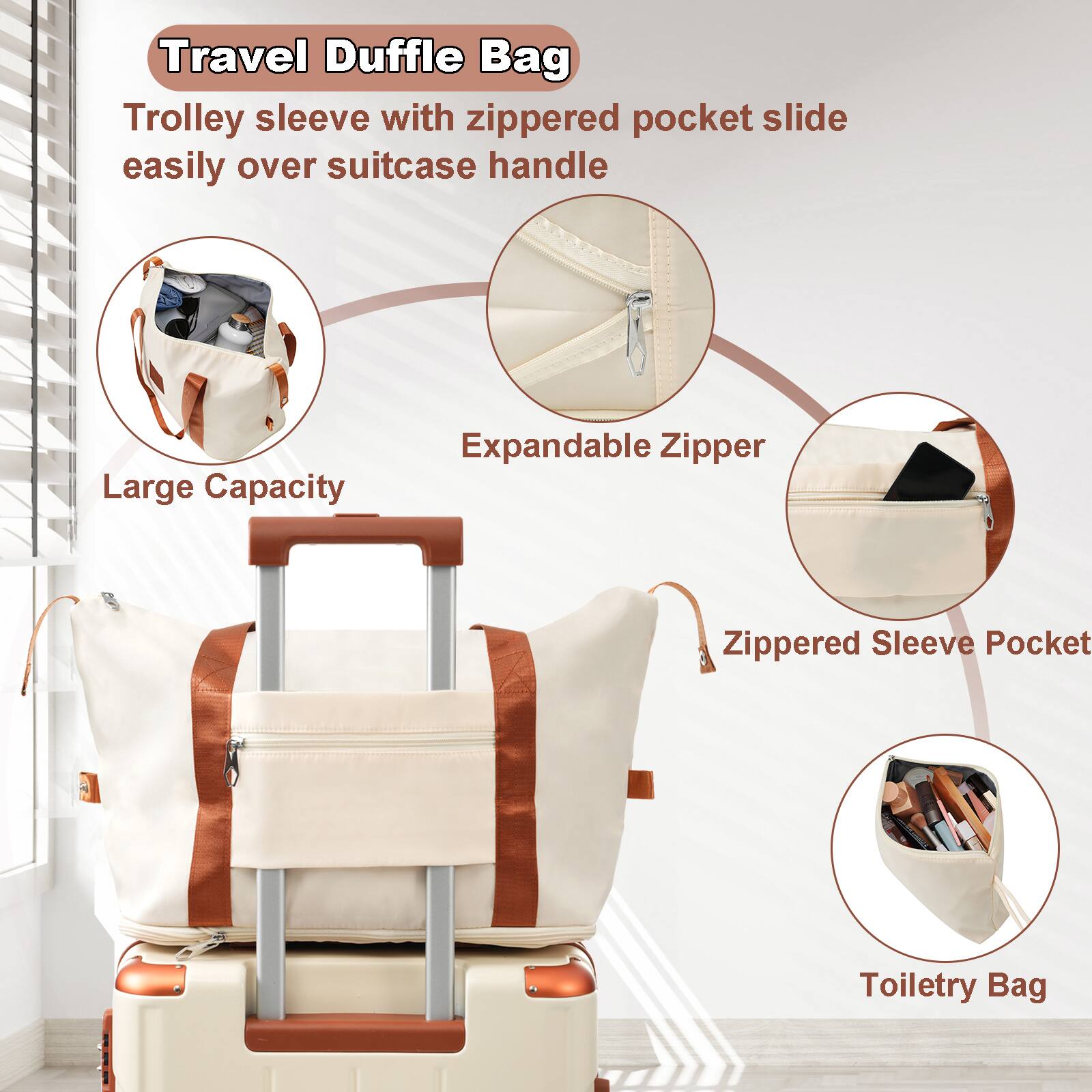 Travel Duffle Bag

- Trolley sleeve with zippered pocket slide easily over suitcase handle
- Large Capacity
- Expandable Zipper
- Zippered Sleeve Pocket
- Toiletry Bag