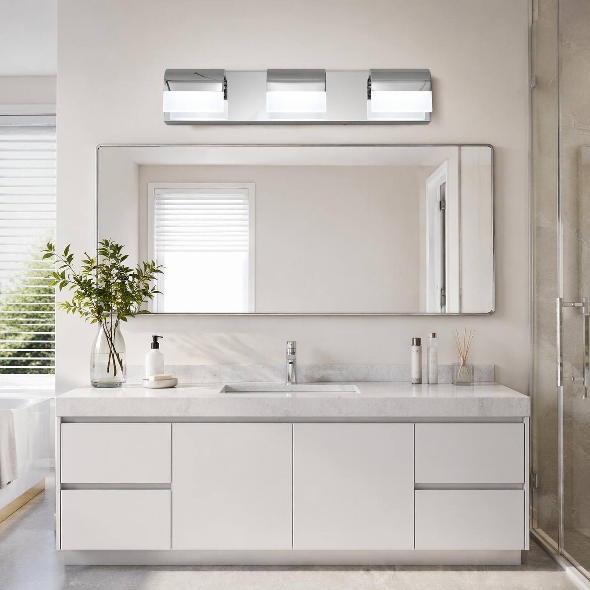 Angle. RYHNUYNE - 3‑Light Chrome LED Bathroom Vanity Light,Modern Acrylic Wall Mount Vanity Mirror Light for Bathroom Mirror - Chrome.