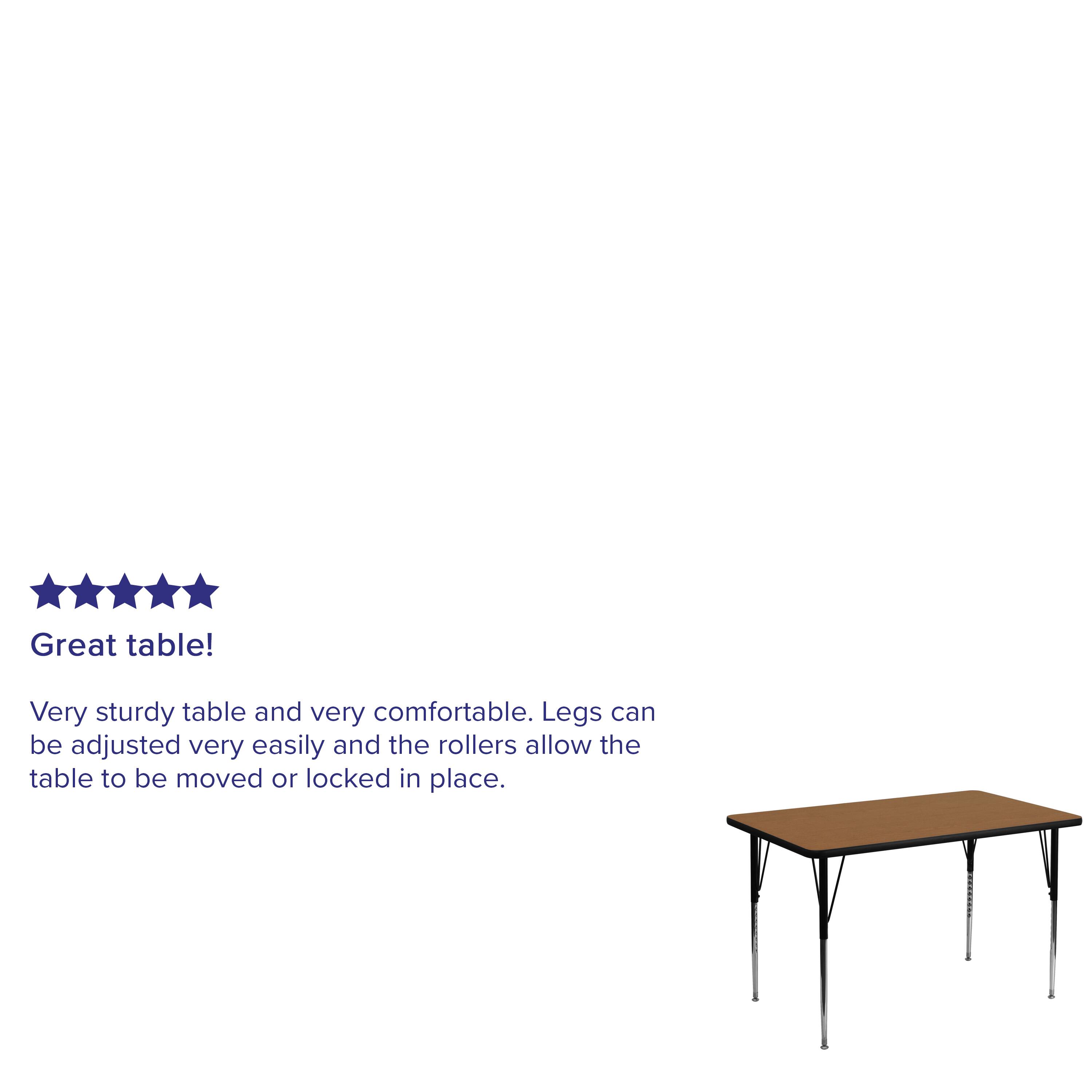 Great table! Very sturdy table and very comfortable. Legs can be adjusted very easily and the rollers allow the table to be moved or locked in place.