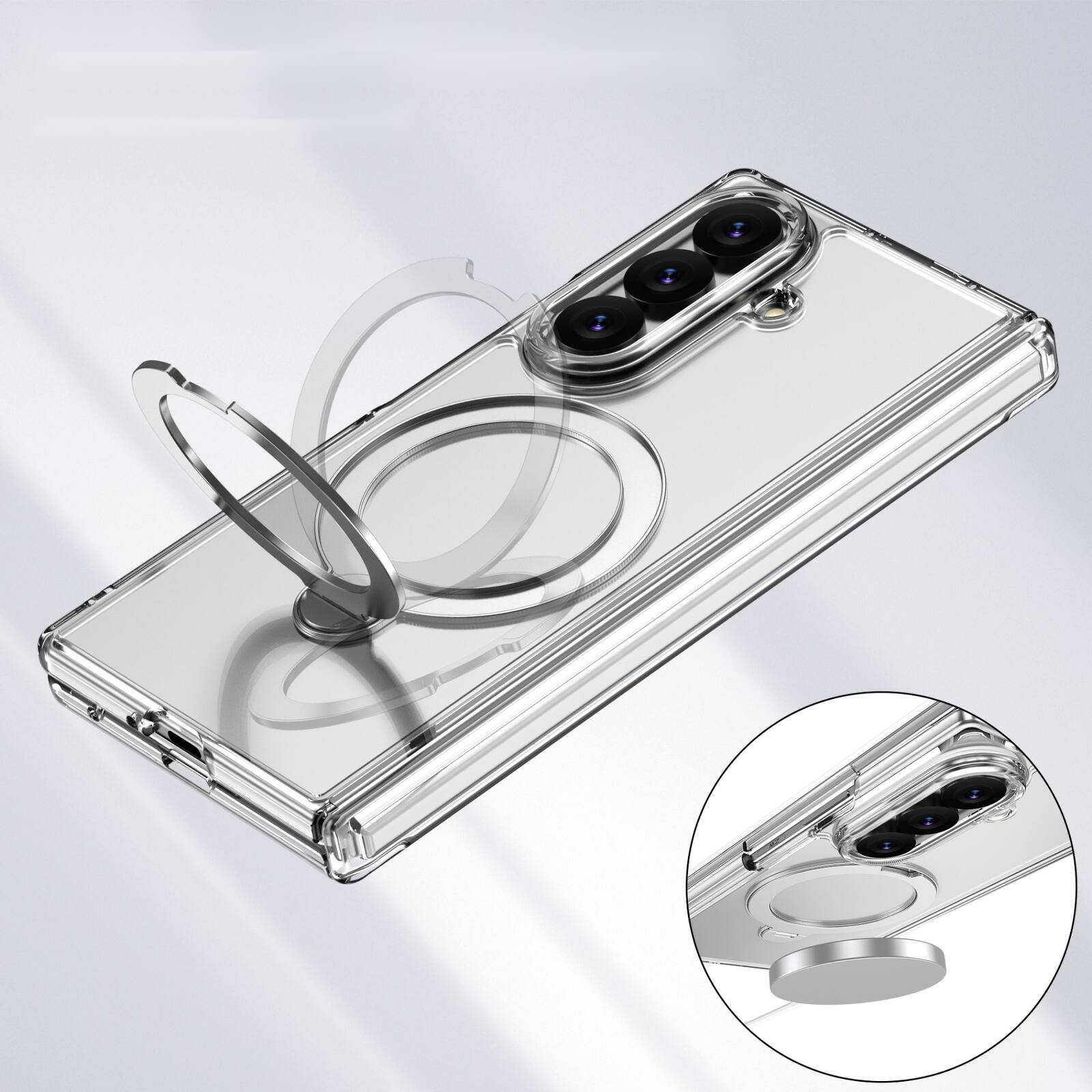 Angle. Dteck - For Samsung Galaxy Z Fold 7 Magnetic Case Built-in Screen Protector,Shockproof Ring Stand Clear Back Hinge Protect Cover - Clear.