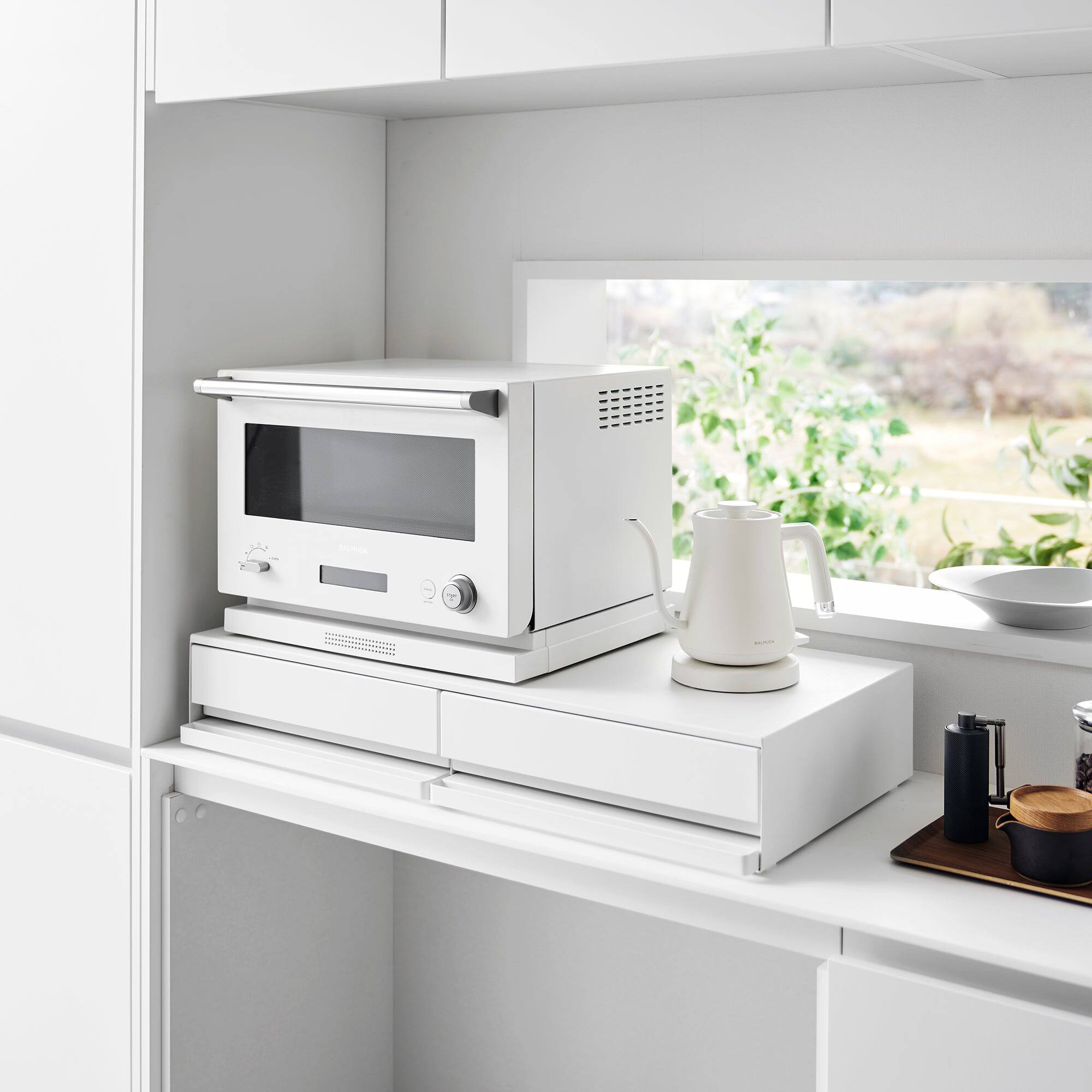 Back. Yamazaki Home - Countertop Drawer with Pull-Out Shelf - Wide - Steel - White.