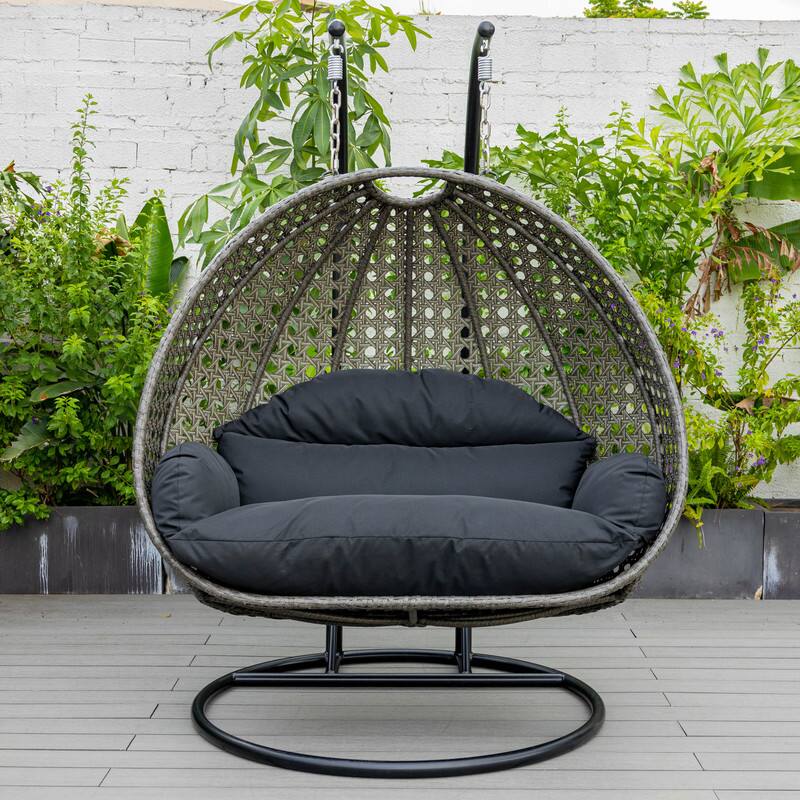 Alt View 1. LeisureMod - Leisuremod Outdoor 2-Person Charcoal Wicker Egg Swing Chair with Steel Stand, Washable Cushions & Waterproof Cover - Black.
