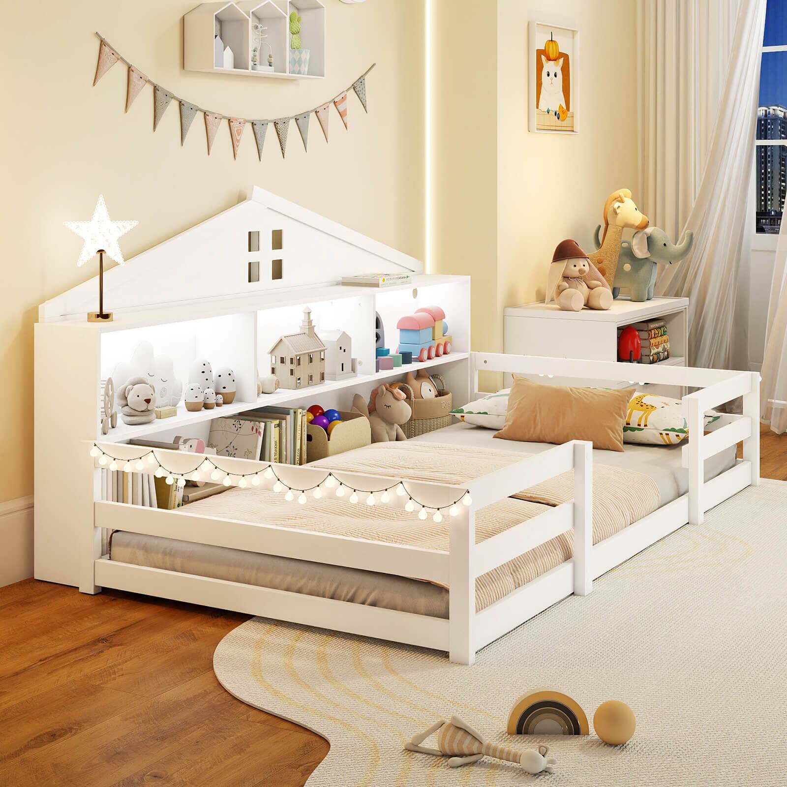 Alt View 4. Costway - Costway Twin Size Montessori Floor Bed with LED Lights Safety Guardrails Compartments Shelf - White.