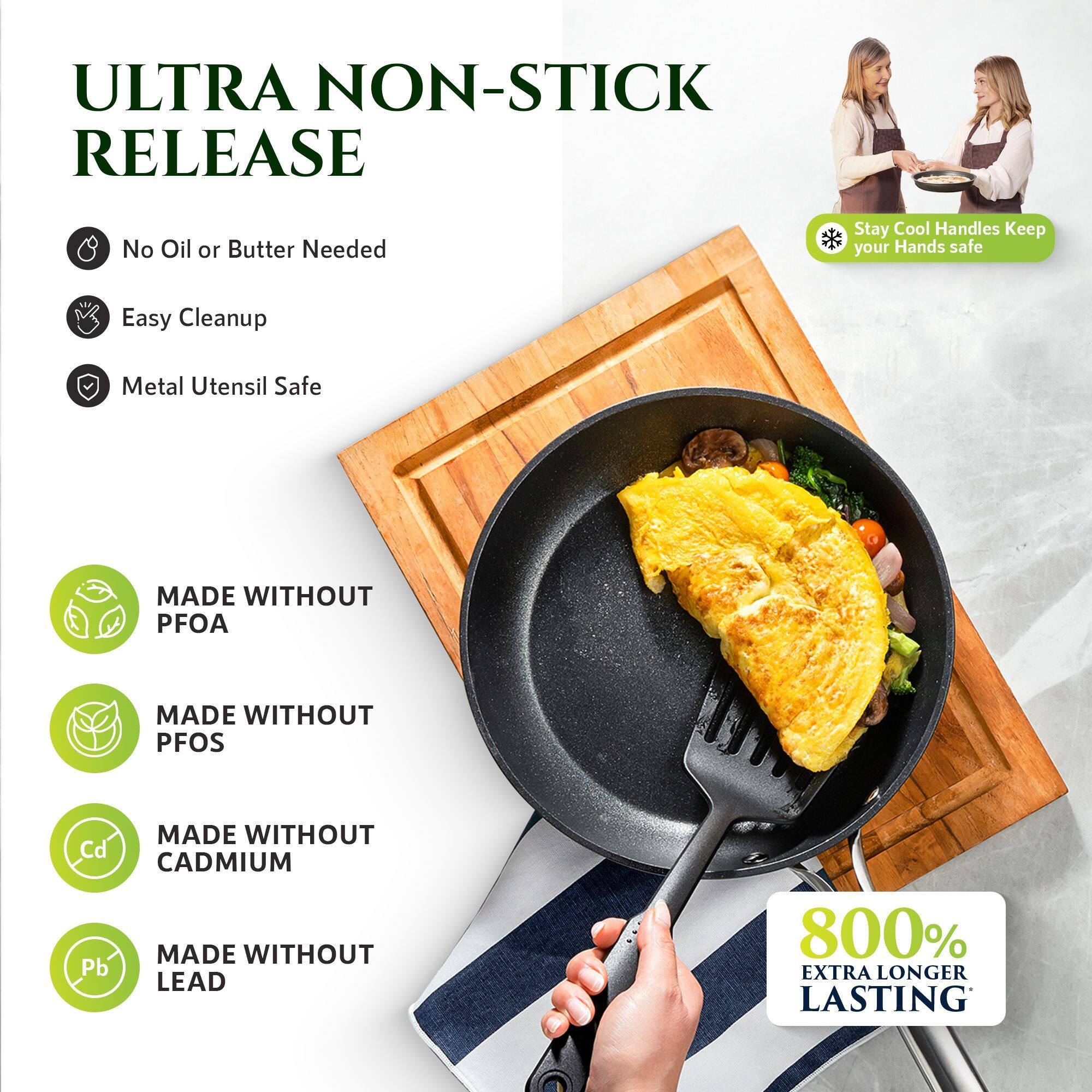 **ULTRA NON-STICK RELEASE**

- No Oil or Butter Needed
- Easy Cleanup
- Metal Utensil Safe

**MADE WITHOUT**
- PFOA
- PFOS
- CADMIUM
- LEAD

**Stay Cool Handles Keep your Hands safe**

**800% EXTRA LONGER LASTING**