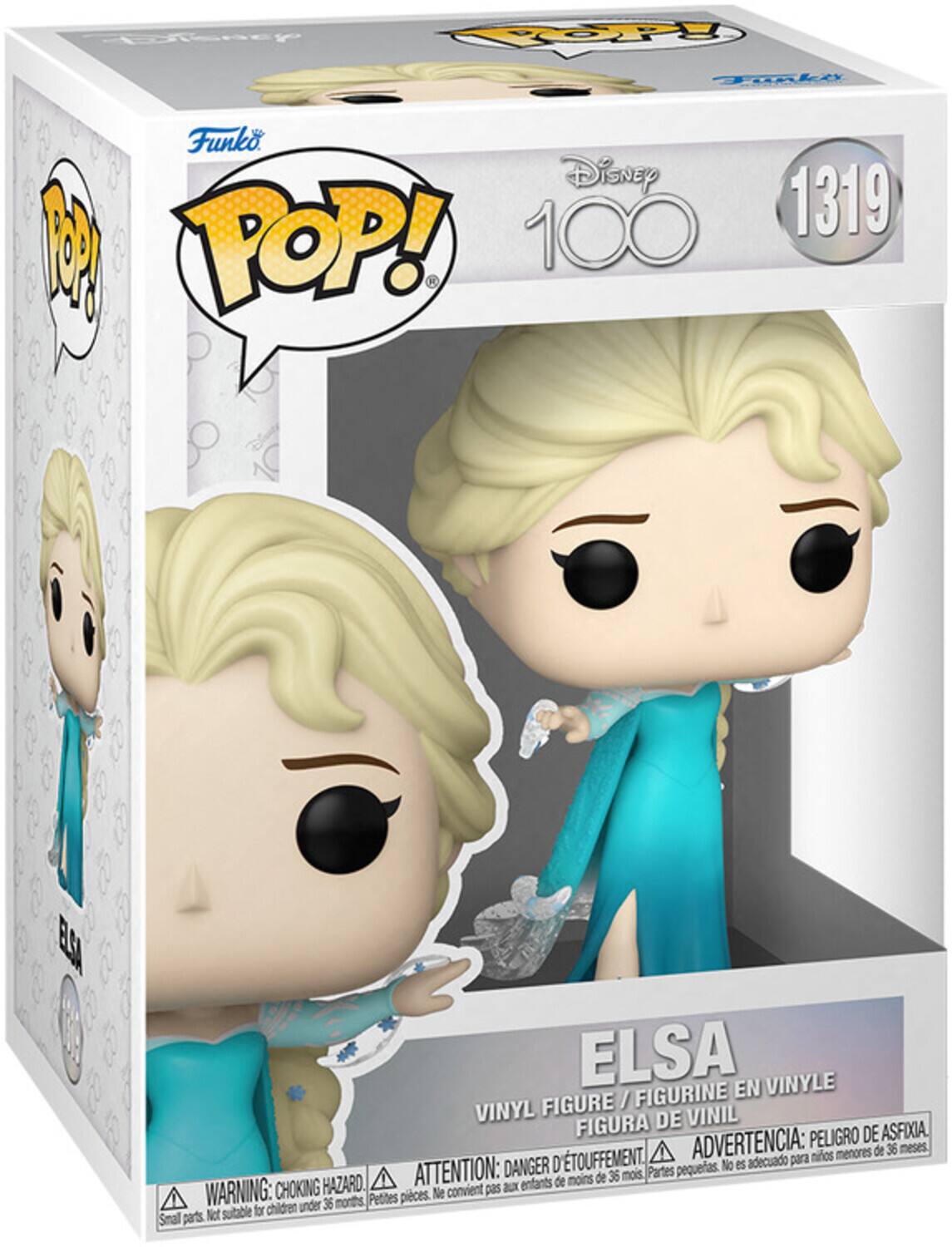 Sure, here is the corrected and grouped text from the image:

---

**Funko POP!**

**Disney 100**

**1319**

**ELSA**

**VINYL FIGURE / FIGURINE EN VINYLE / FIGURA DE VINIL**

**WARNING: CHOKING HAZARD.**  
**ATTENTION: DANGER D'ÉTOUFFEMENT.**  
**ADVERTENCIA: PELIGRO DE ASFIXIA.**

**Small parts. Not suitable for children under 36 months.**  
**Petites pièces. Ne convient pas aux enfants de moins de 36 mois.**  
**Partes pequeñas. No es adecuado para niños menores de 36 meses.**

---

This text is organized to reflect the information on the packaging, including the brand, series, character, and safety warnings.