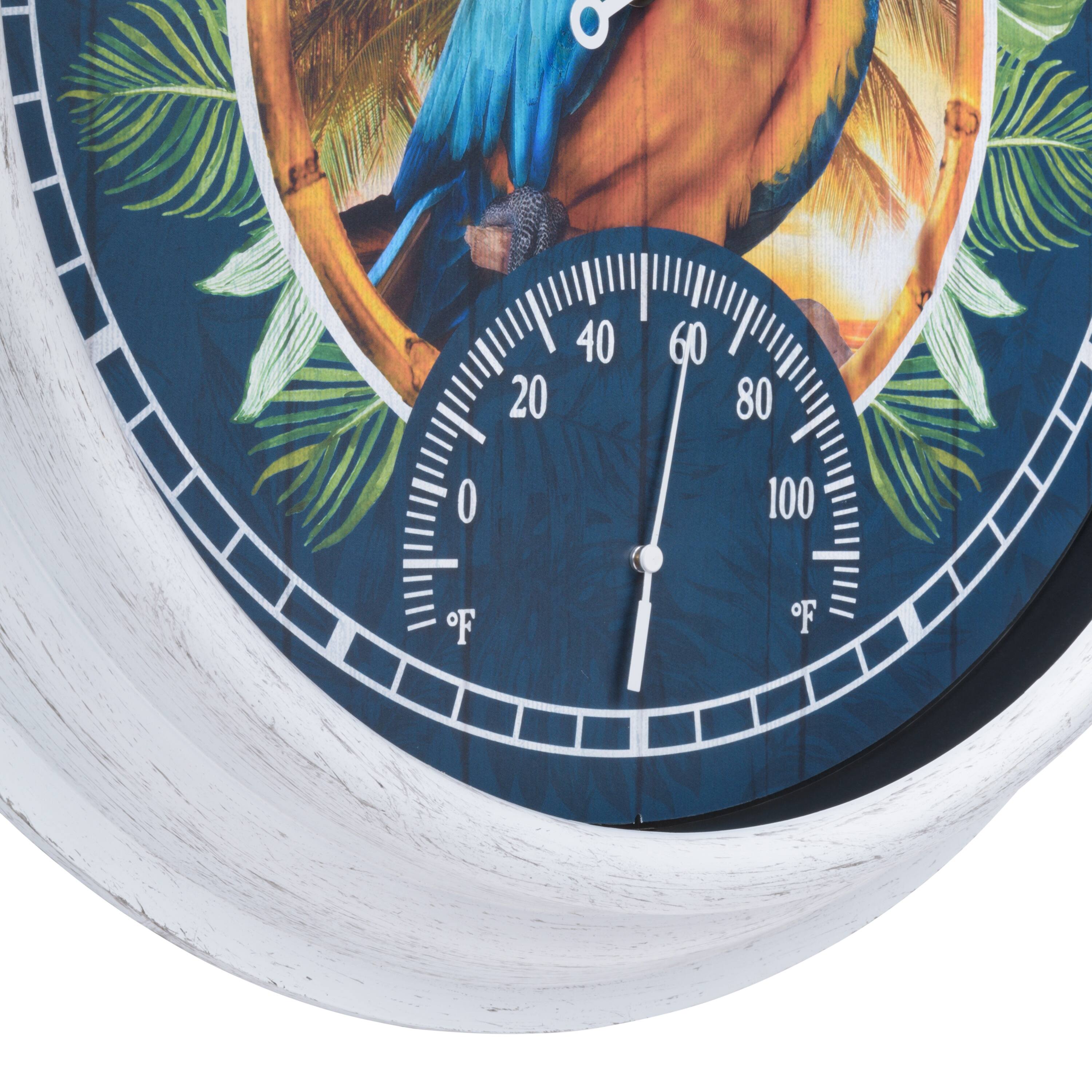 Angle. La Crosse Clock Co. - 15.75 Inch Margaritaville Blue Macaw Indoor/Outdoor Quartz Wall Clock with Temperature - Multicolor/White.