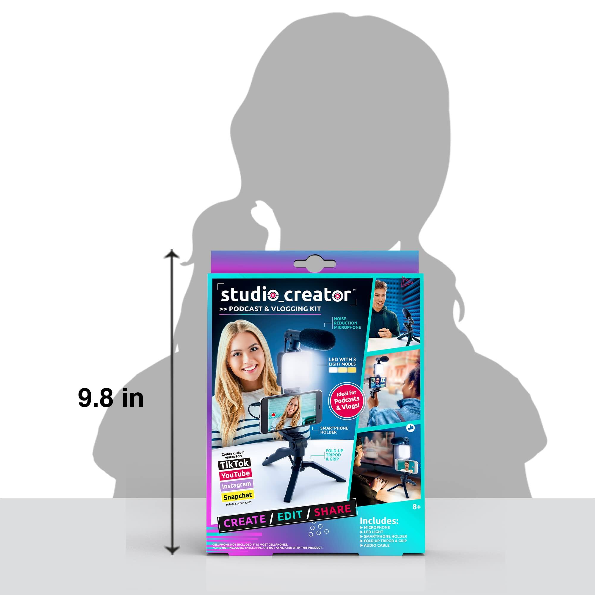 studio creator  
PODCAST & VLOGGING KIT  
9.8 in  
Ideal For Podcasts & Vlogs!  

INCLUDES:  
- NO-SLIP MICROPHONE  
- LED LIGHT WITH 3 LIGHT MODES  
- SMARTPHONE HOLDER  
- FOLD-UP TRIPOD  
- LED LIGHT HOLDER  
- POCKET COMPASS & GRIP  

CREATE / EDIT / SHARE  
Great for:  
- TikTok  
- YouTube  
- Instagram  
- Snapchat  

8+