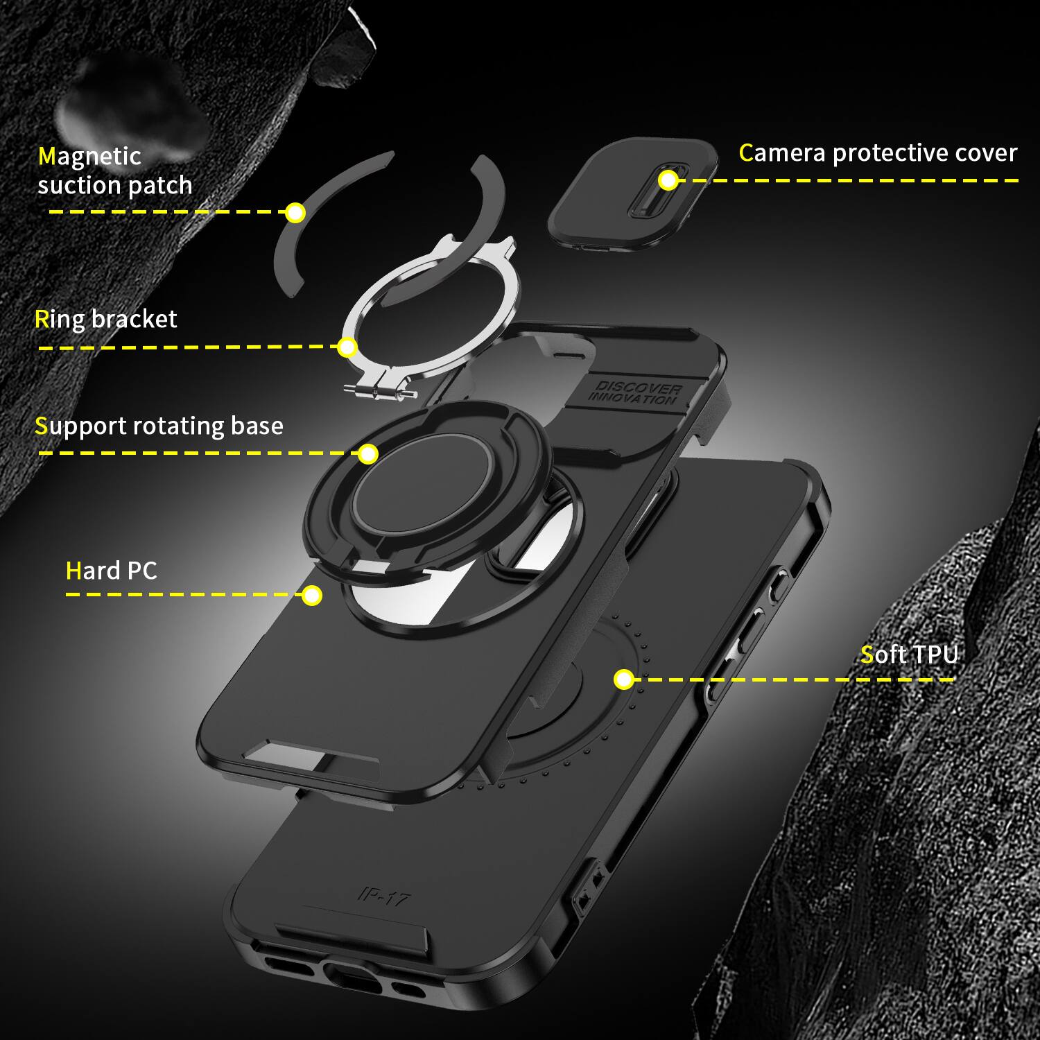 Magnetic suction patch  
Camera protective cover  
Ring bracket  
Support rotating base  
Hard PC  
Soft TPU  
DISCOVER INNOVATION  
IF-17